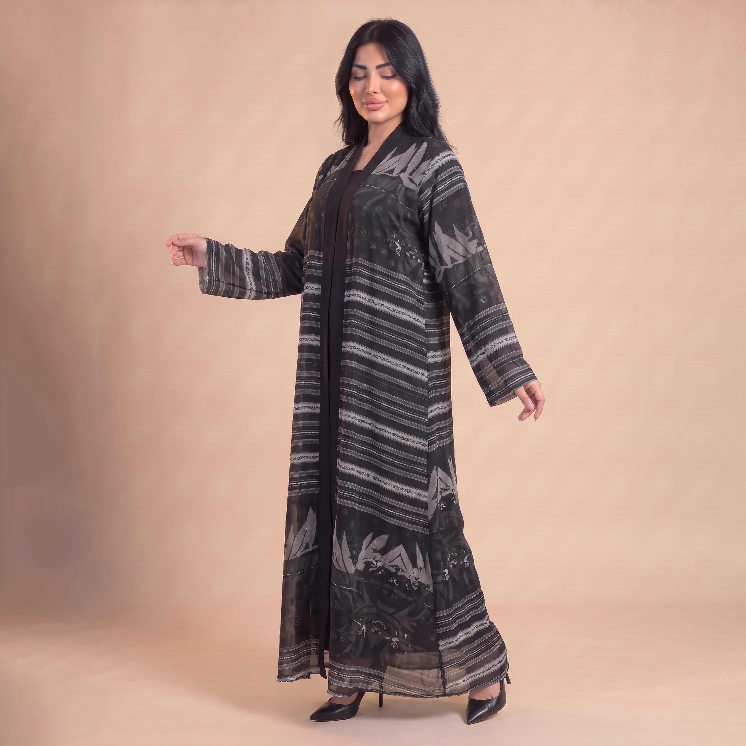 Elegant Hijab Black Striped Chiffon Women's Abaya with Hijab-women-arabicclothing-abayas-image-3