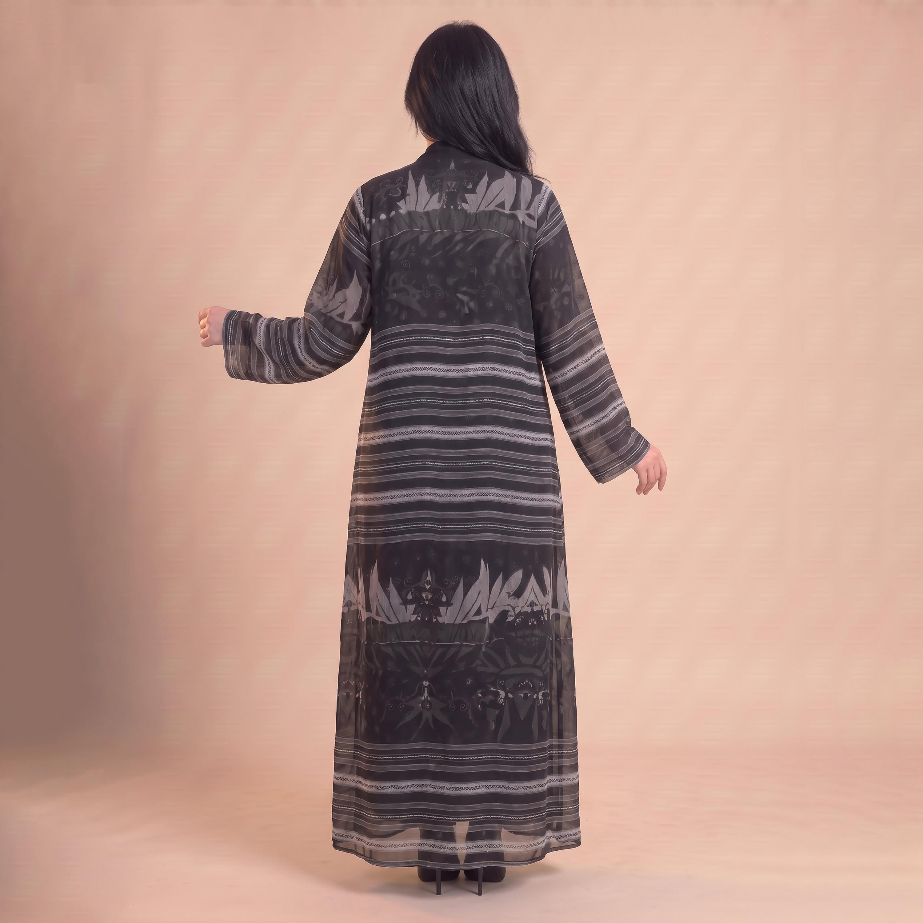 Elegant Hijab Black Striped Chiffon Women's Abaya with Hijab-women-arabicclothing-abayas-image-4