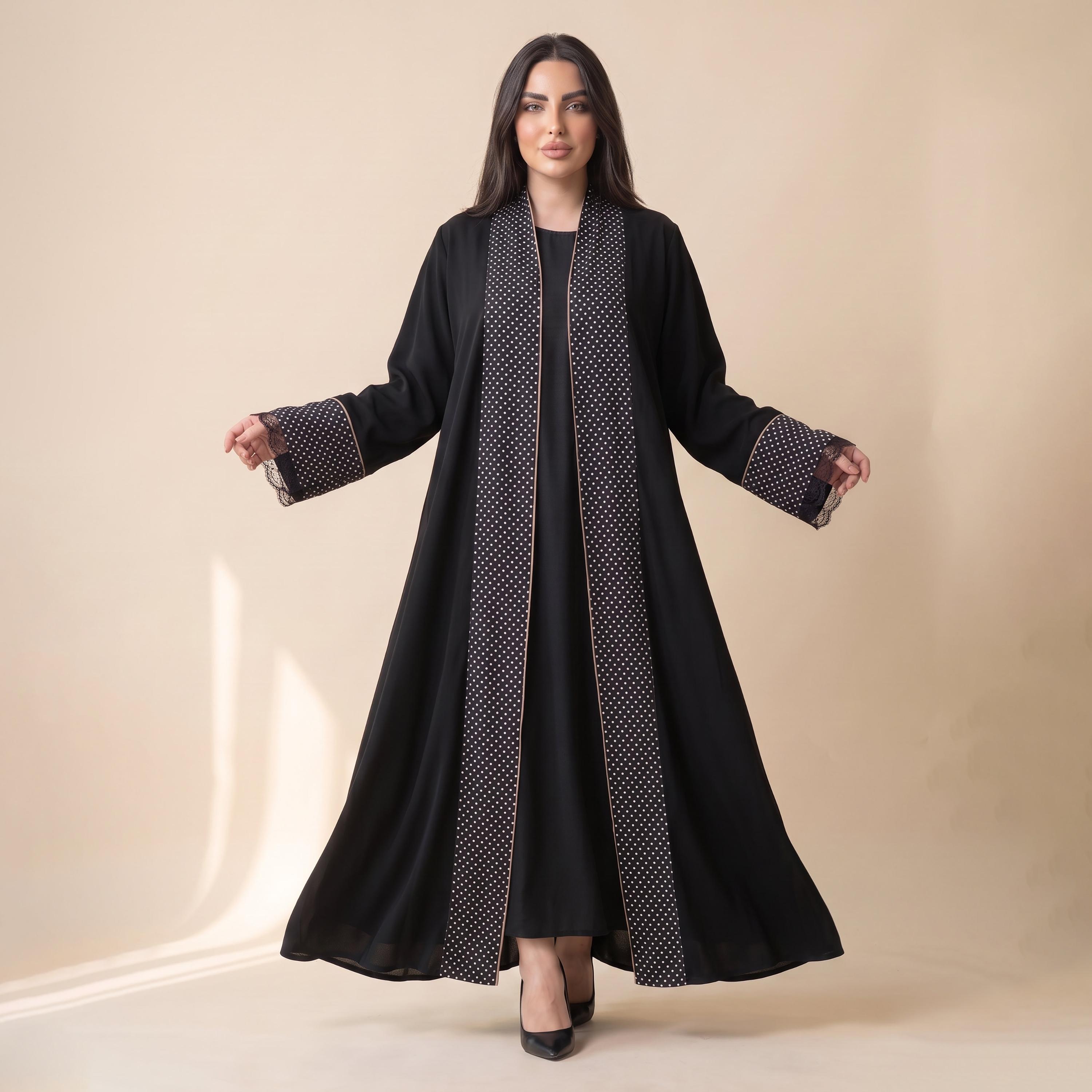 عباية نسائية واسعة من إيليغانت حجاب باللون الأسود بنقشة نقاط البولكا من الكريب مع حجاب-women-arabicclothing-abayas-image-1