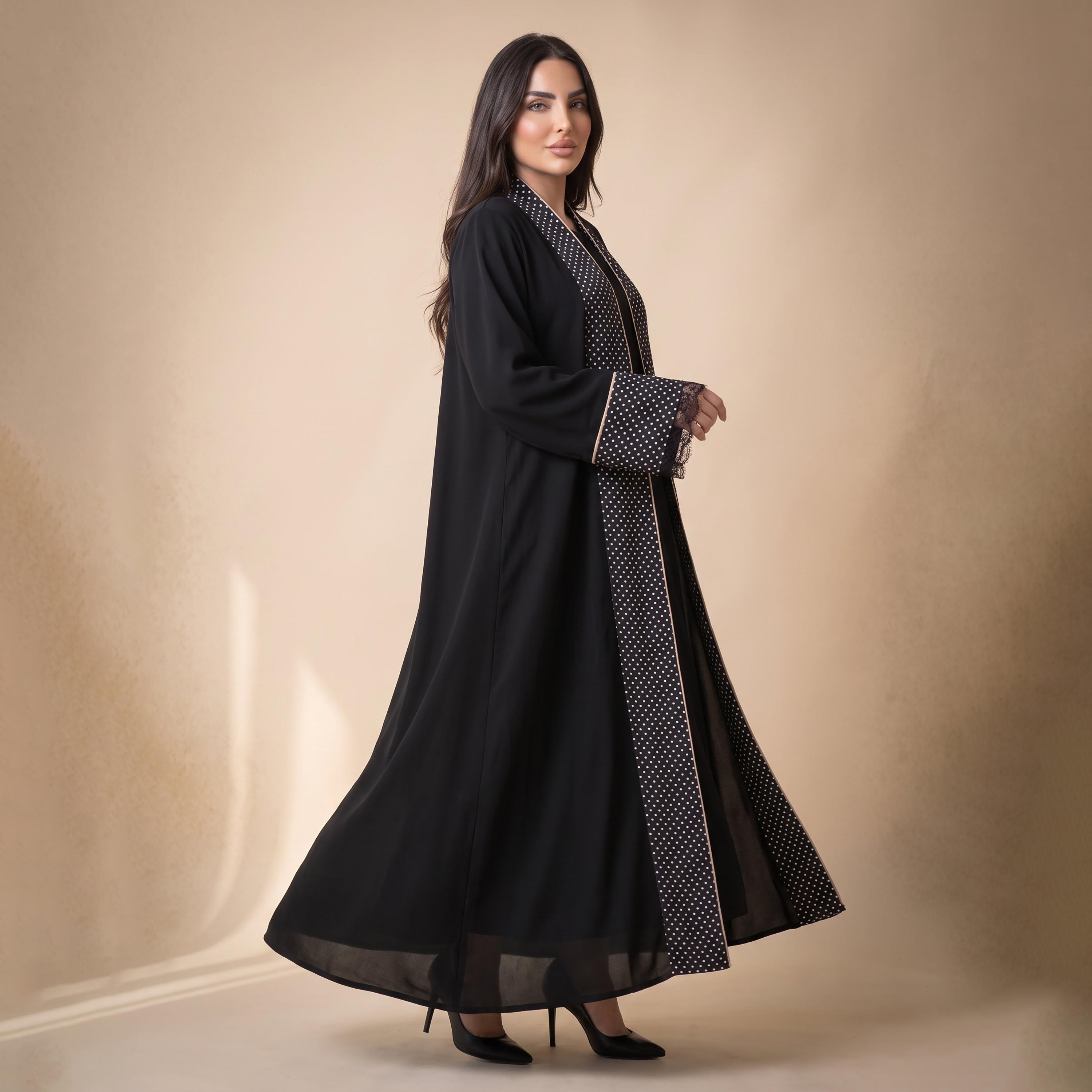 عباية نسائية واسعة من إيليغانت حجاب باللون الأسود بنقشة نقاط البولكا من الكريب مع حجاب-women-arabicclothing-abayas-image-2
