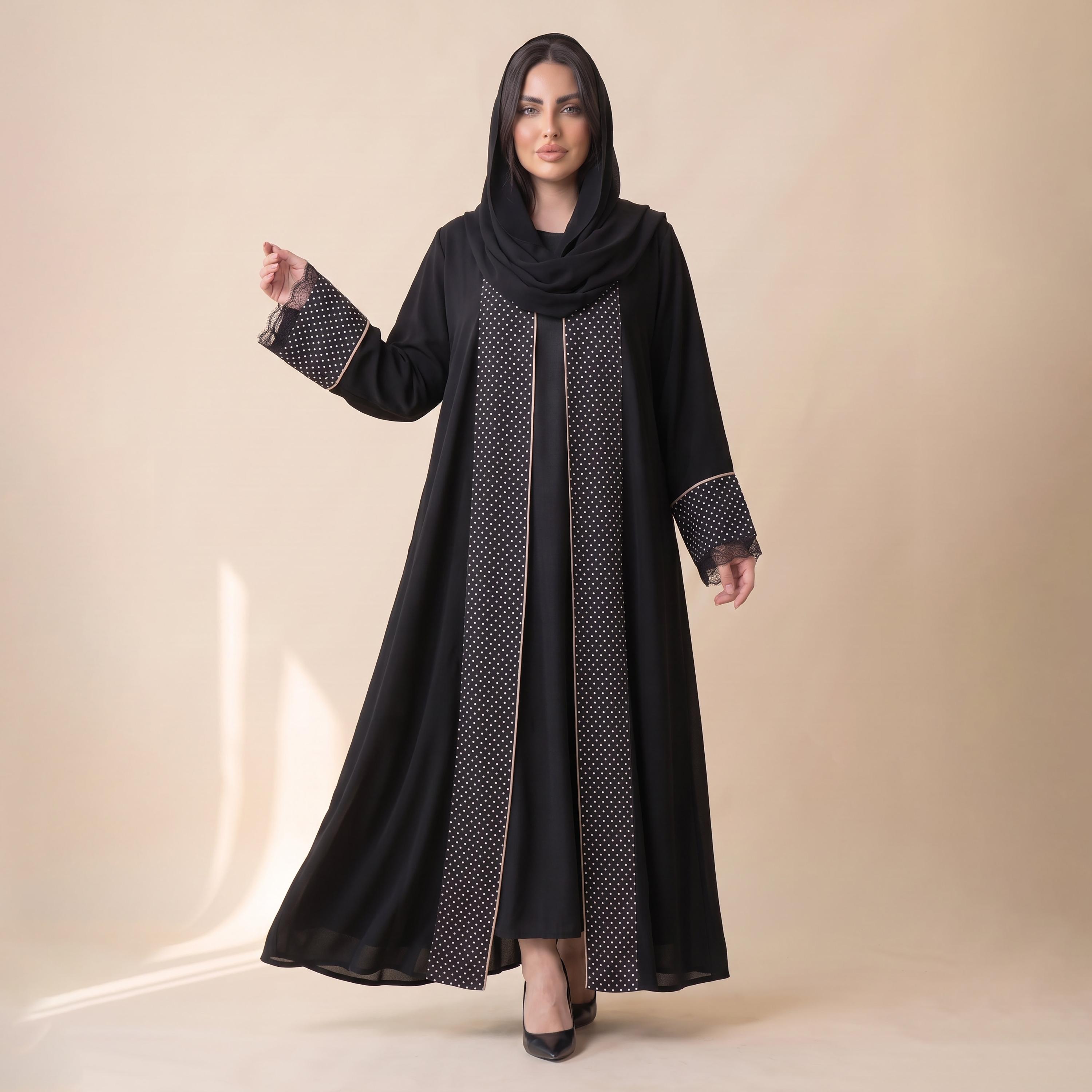 عباية نسائية واسعة من إيليغانت حجاب باللون الأسود بنقشة نقاط البولكا من الكريب مع حجاب-women-arabicclothing-abayas-image-3