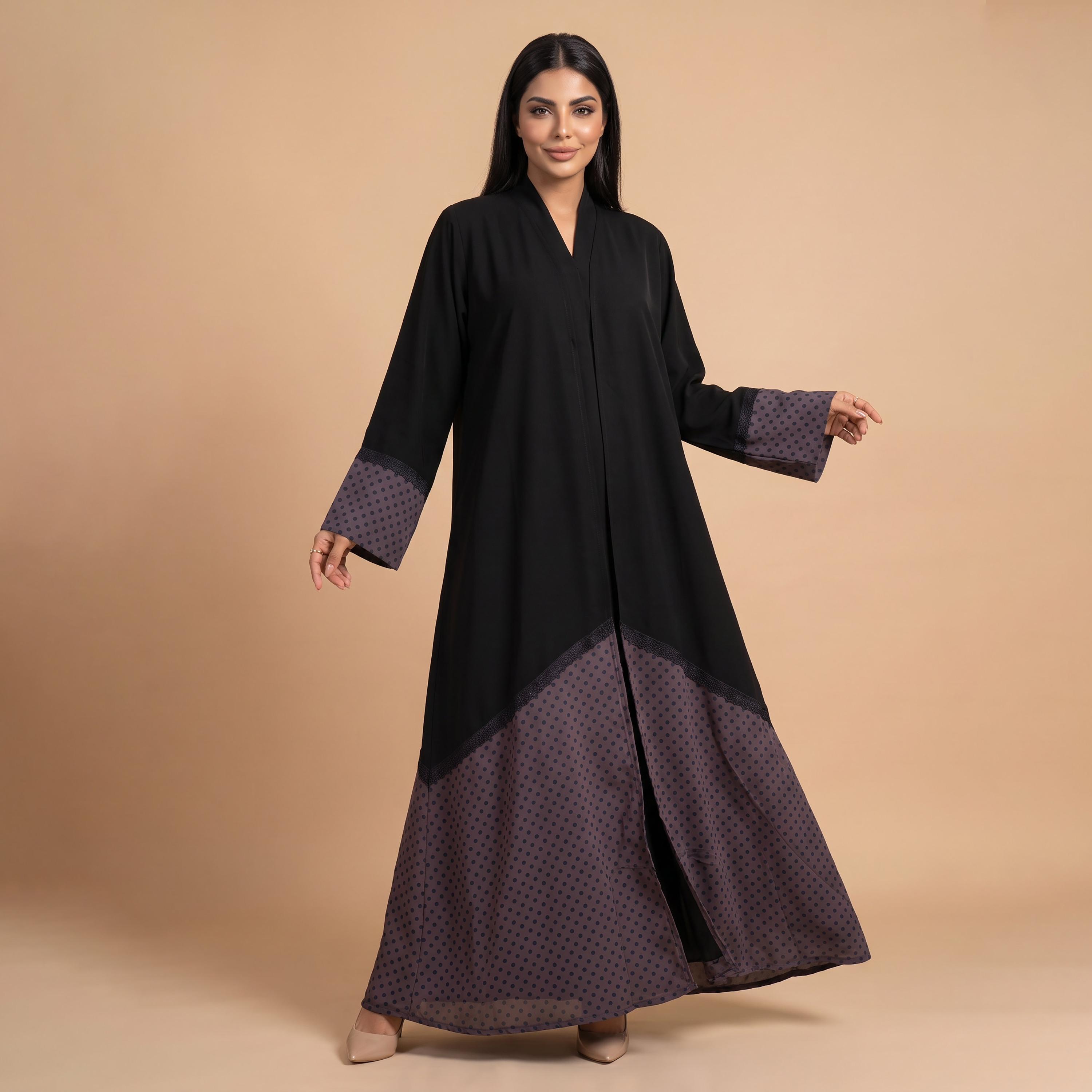Elegant Hijab Black Polka Dot Chiffon Women's Flared Abaya with Hijab-women-arabicclothing-abayas-image-1