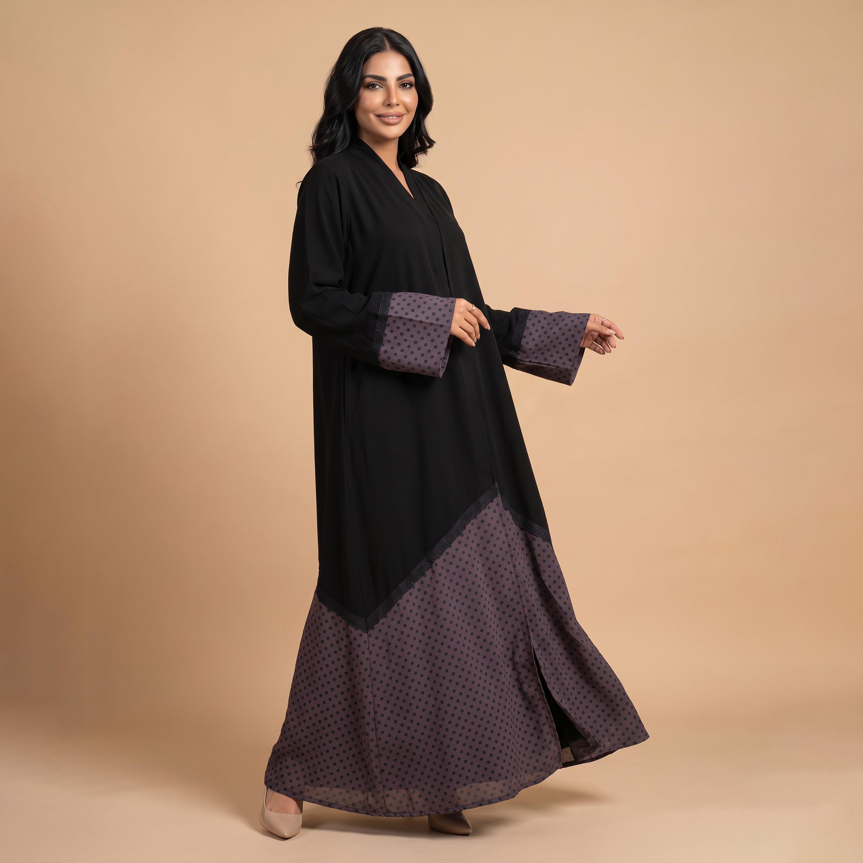 Elegant Hijab Black Polka Dot Chiffon Women's Flared Abaya with Hijab-women-arabicclothing-abayas-image-2