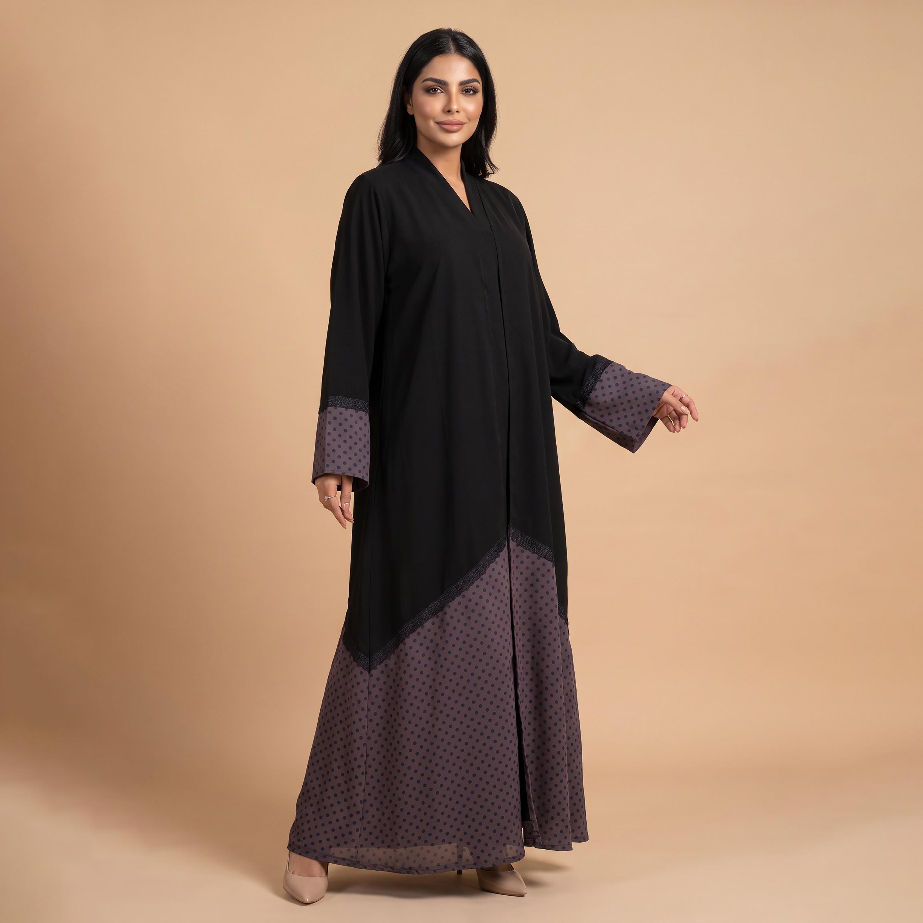 Elegant Hijab Black Polka Dot Chiffon Women's Flared Abaya with Hijab-women-arabicclothing-abayas-image-3