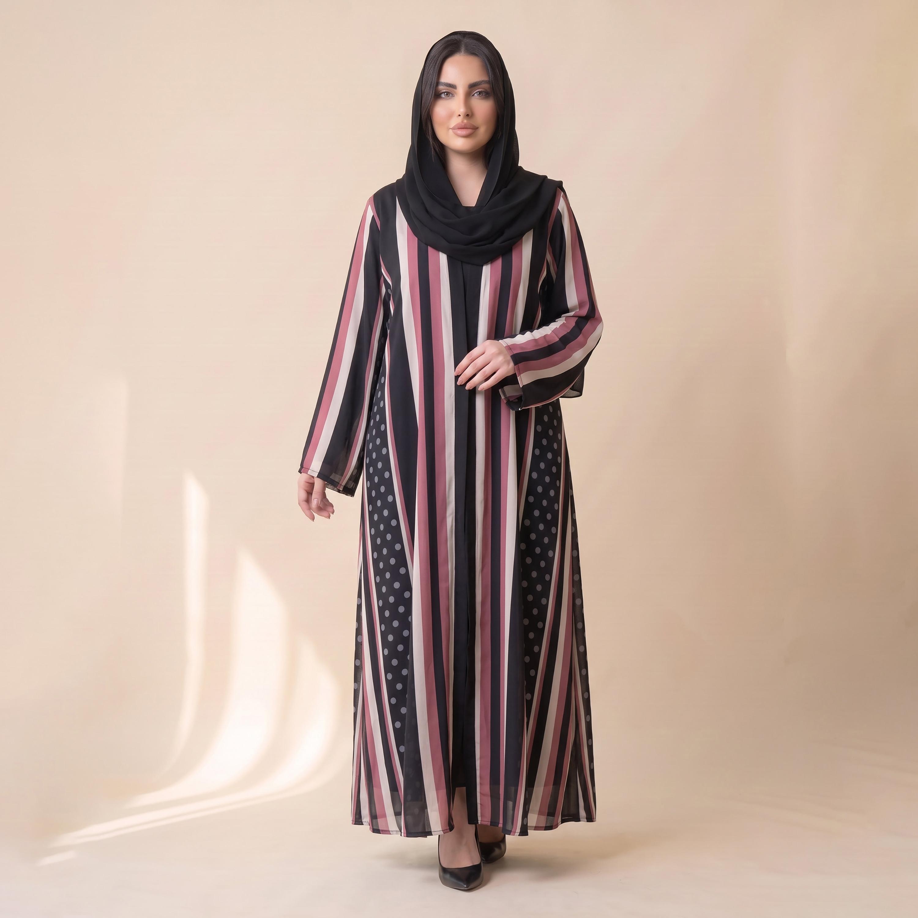 Elegant Hijab Black Striped Chiffon Women's Abaya with Hijab-women-arabicclothing-abayas-image-1