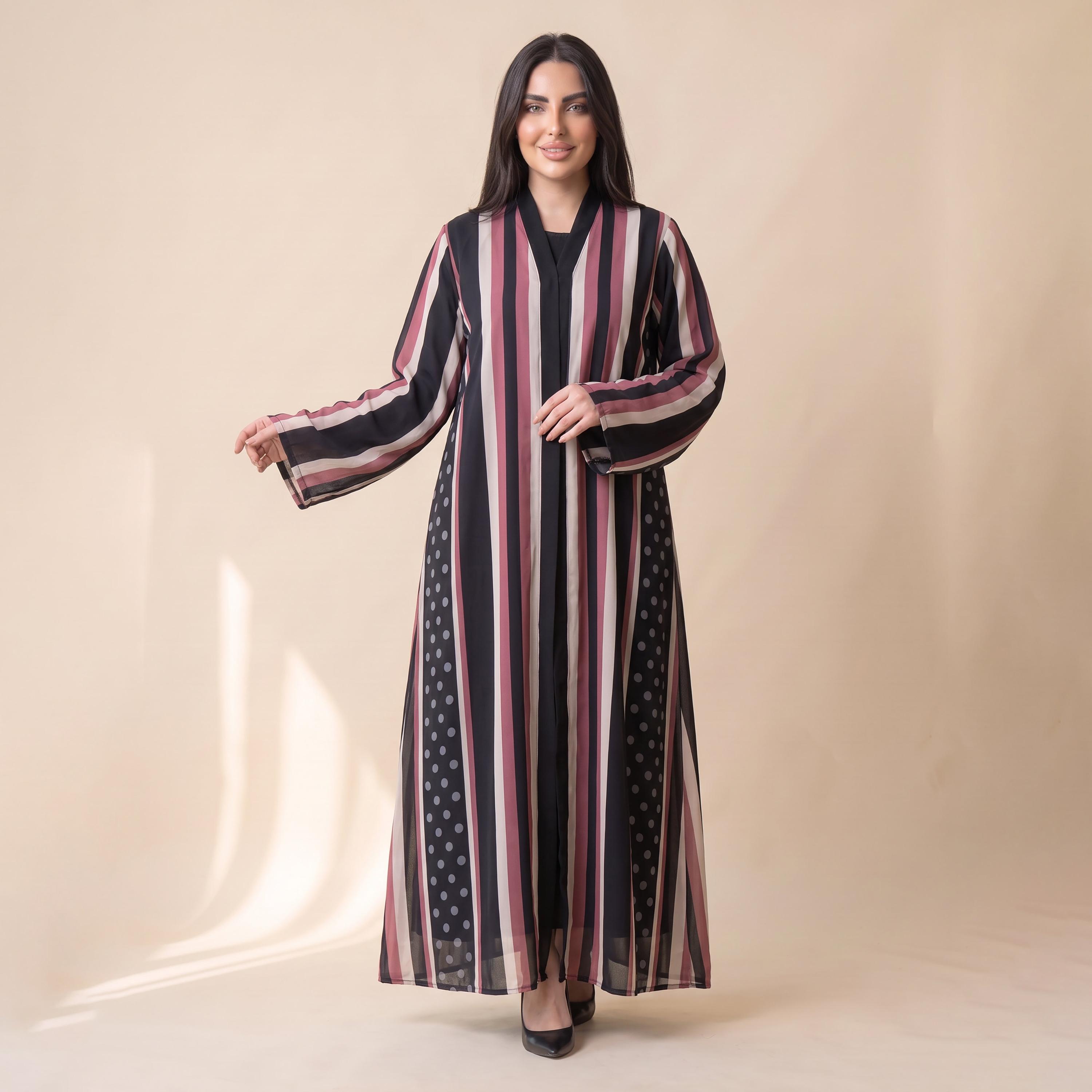 Elegant Hijab Black Striped Chiffon Women's Abaya with Hijab-women-arabicclothing-abayas-image-2