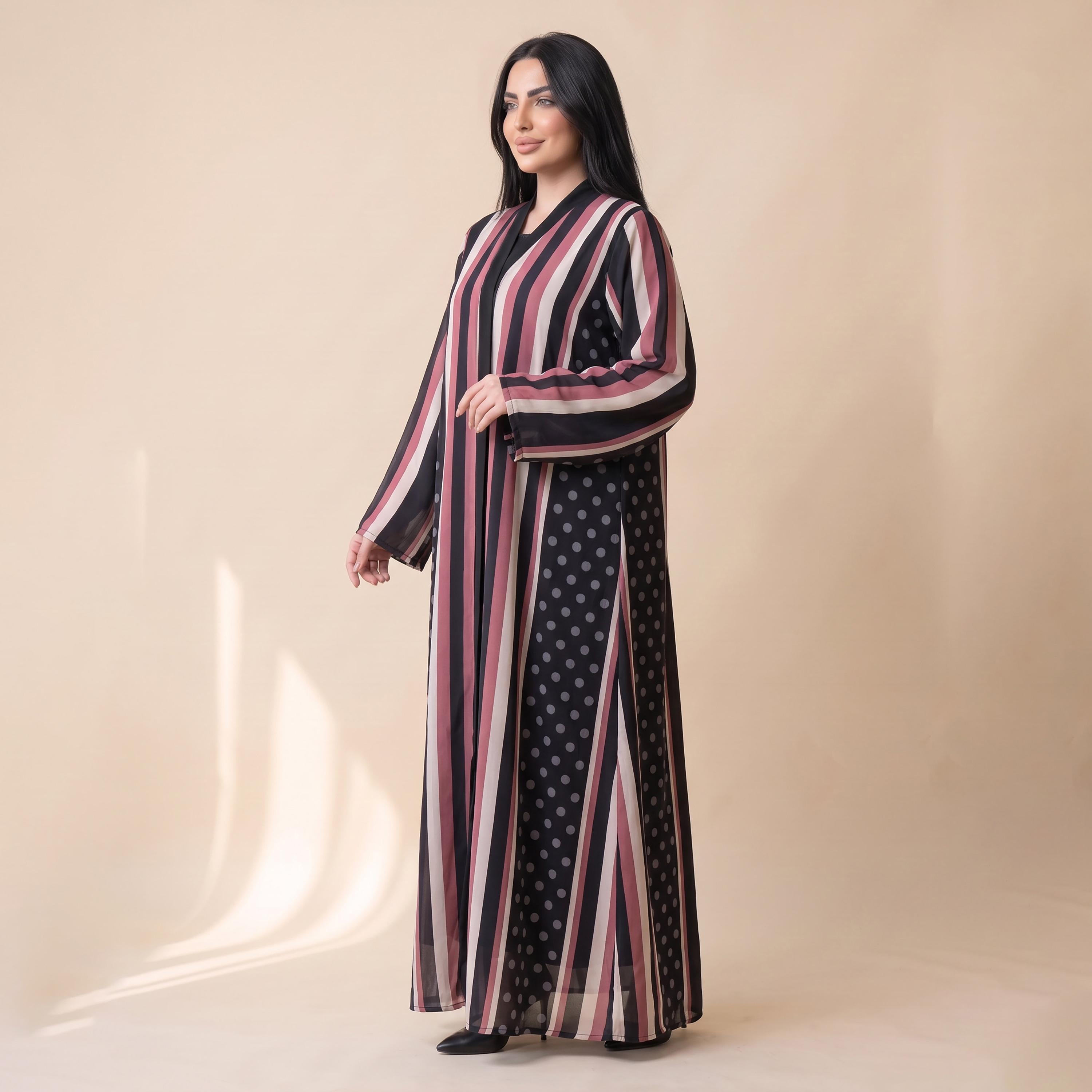 Elegant Hijab Black Striped Chiffon Women's Abaya with Hijab-women-arabicclothing-abayas-image-4