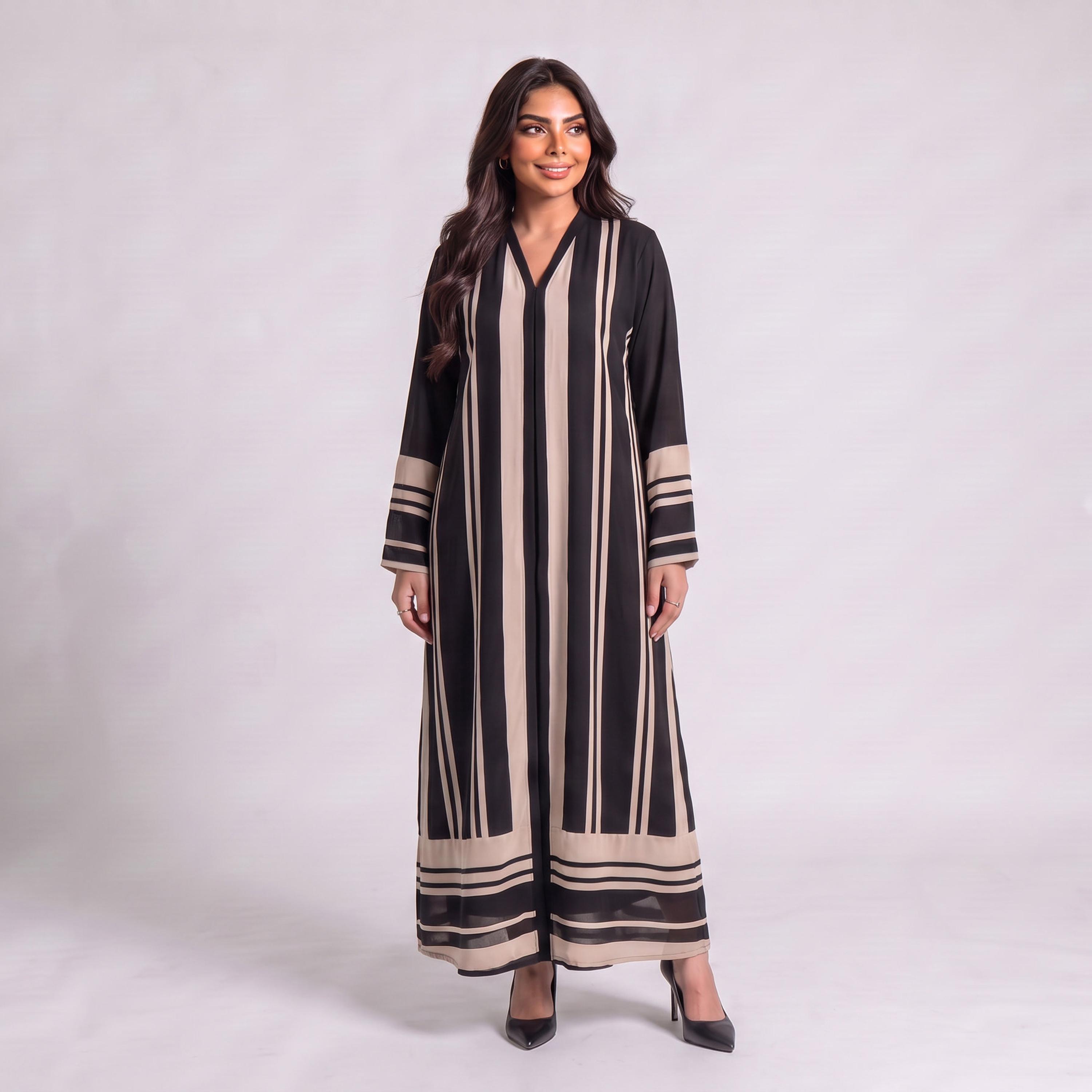 Elegant Hijab Black Striped Crepe Women's Abaya with Hijab-women-arabicclothing-abayas-image-1