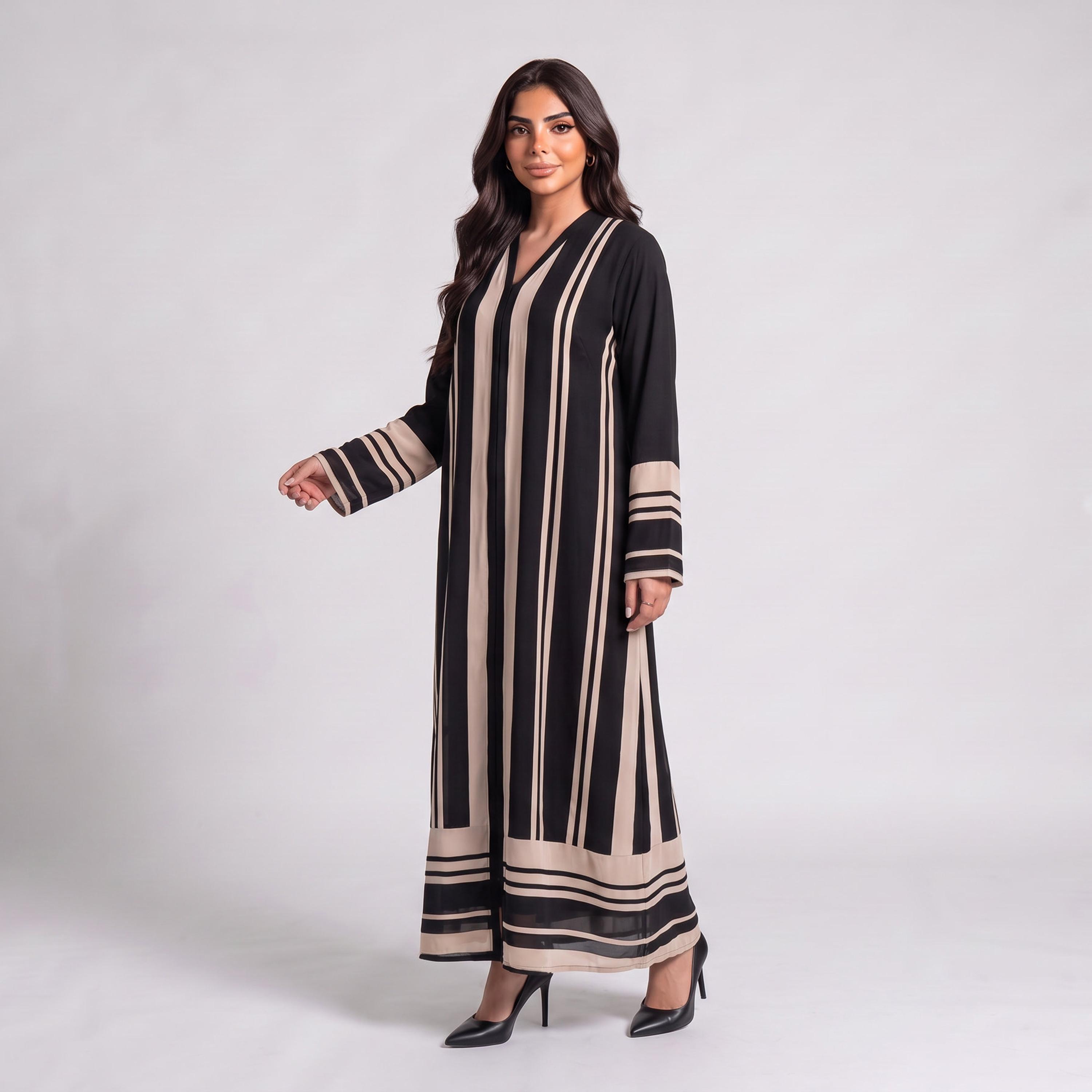 Elegant Hijab Black Striped Crepe Women's Abaya with Hijab-women-arabicclothing-abayas-image-2