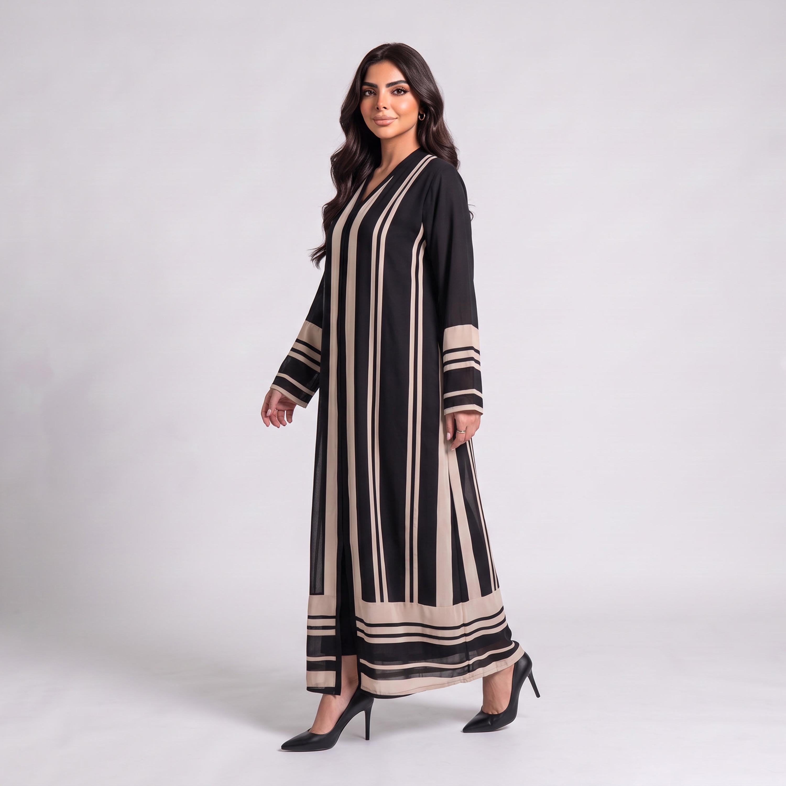 Elegant Hijab Black Striped Crepe Women's Abaya with Hijab-women-arabicclothing-abayas-image-3