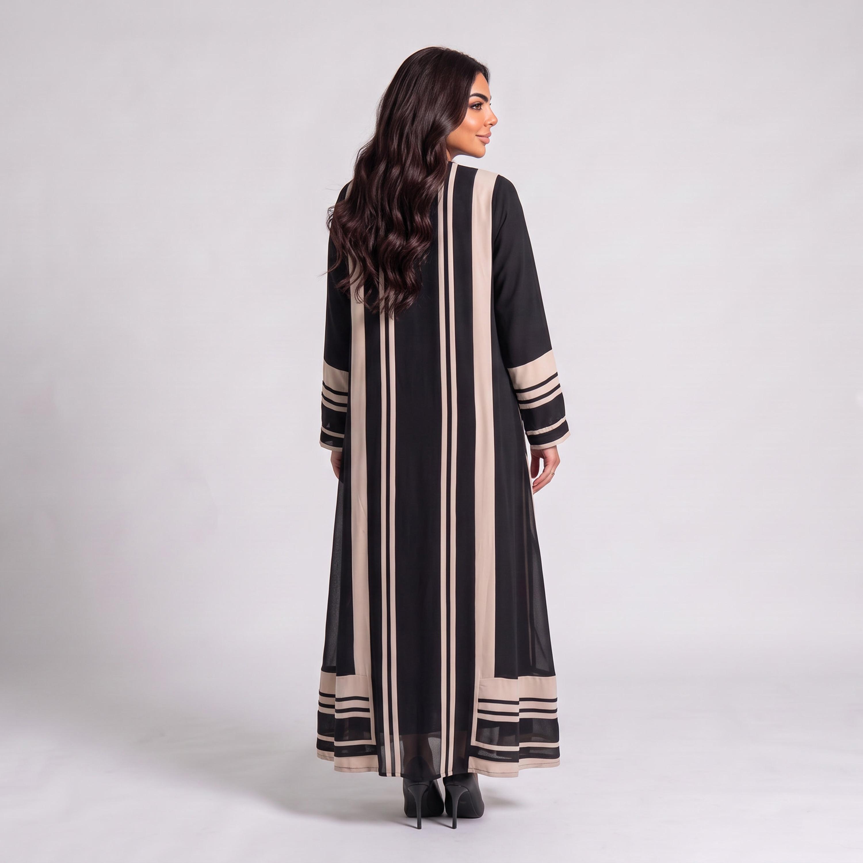 Elegant Hijab Black Striped Crepe Women's Abaya with Hijab-women-arabicclothing-abayas-image-4