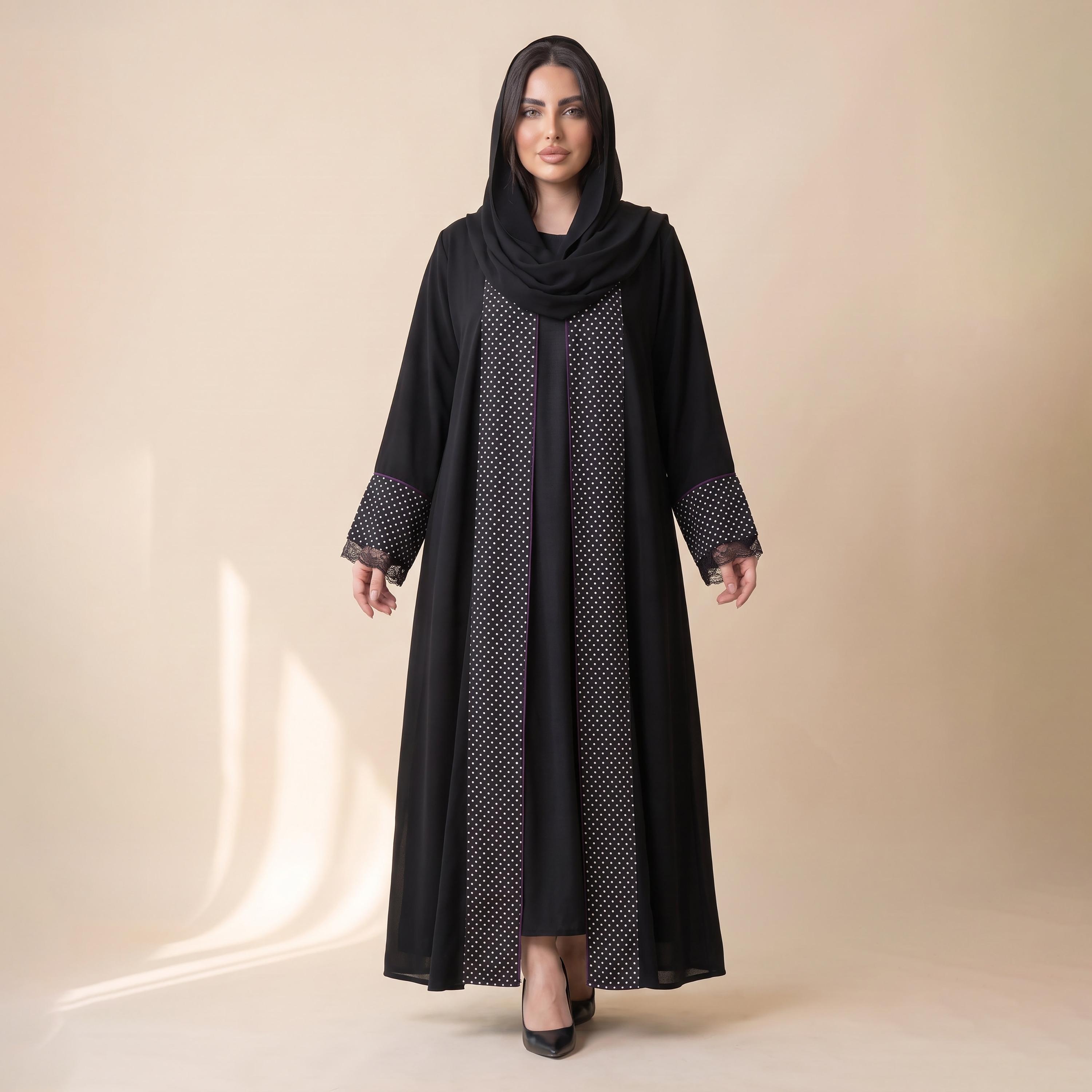 Elegant Hijab Black Polka Dot Crepe Women's Abaya with Hijab-women-arabicclothing-abayas-image-1
