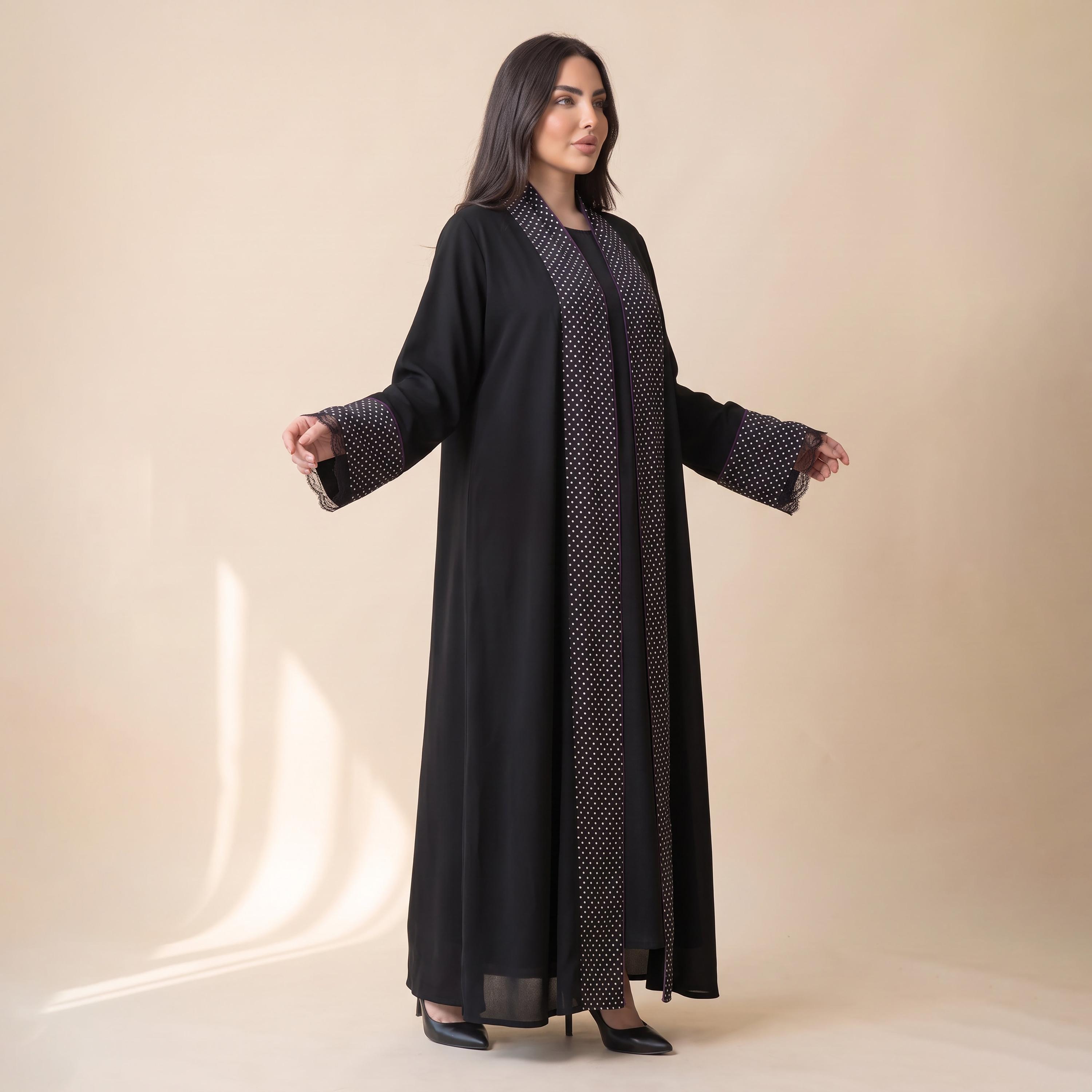 Elegant Hijab Black Polka Dot Crepe Women's Abaya with Hijab-women-arabicclothing-abayas-image-2