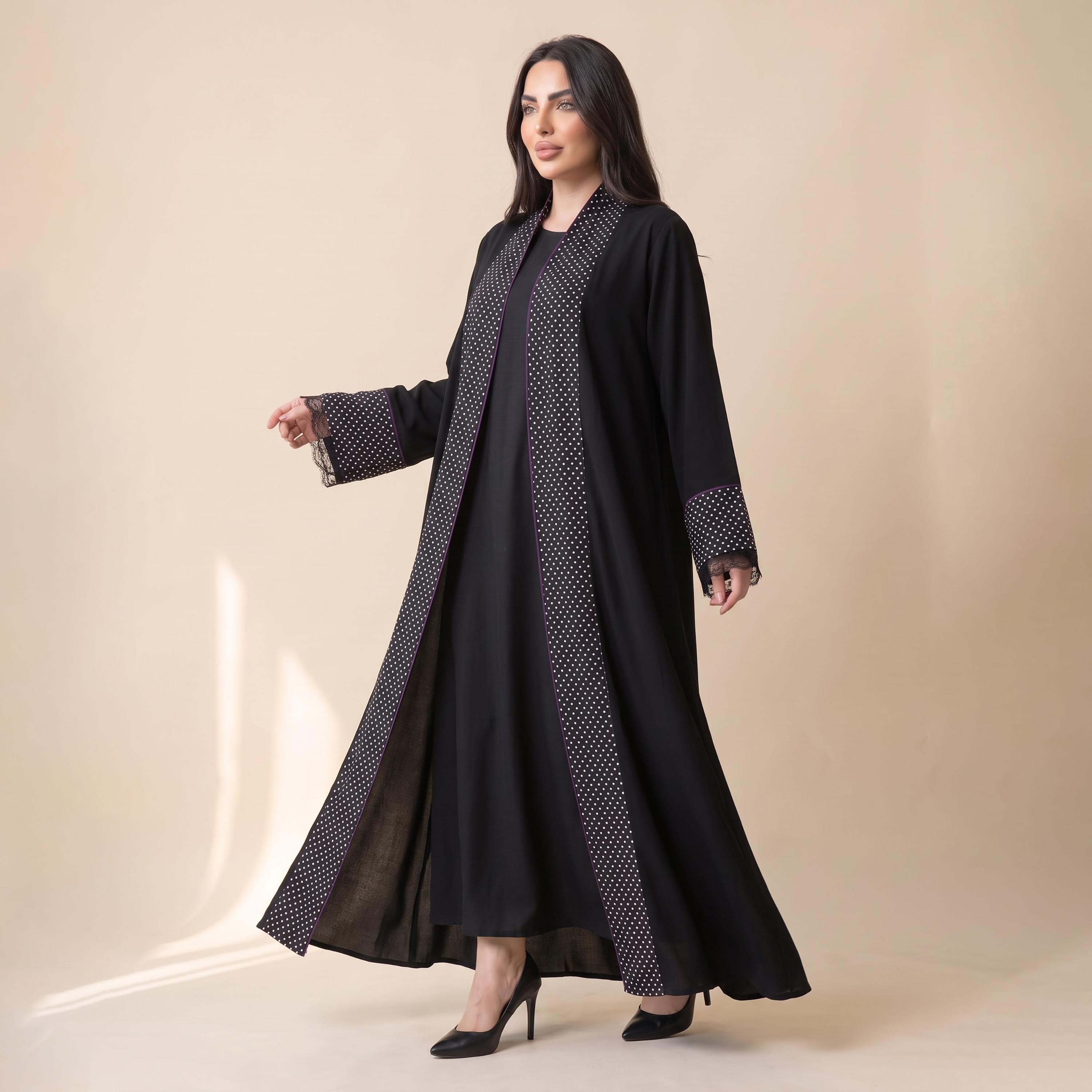 Elegant Hijab Black Polka Dot Crepe Women's Abaya with Hijab-women-arabicclothing-abayas-image-3