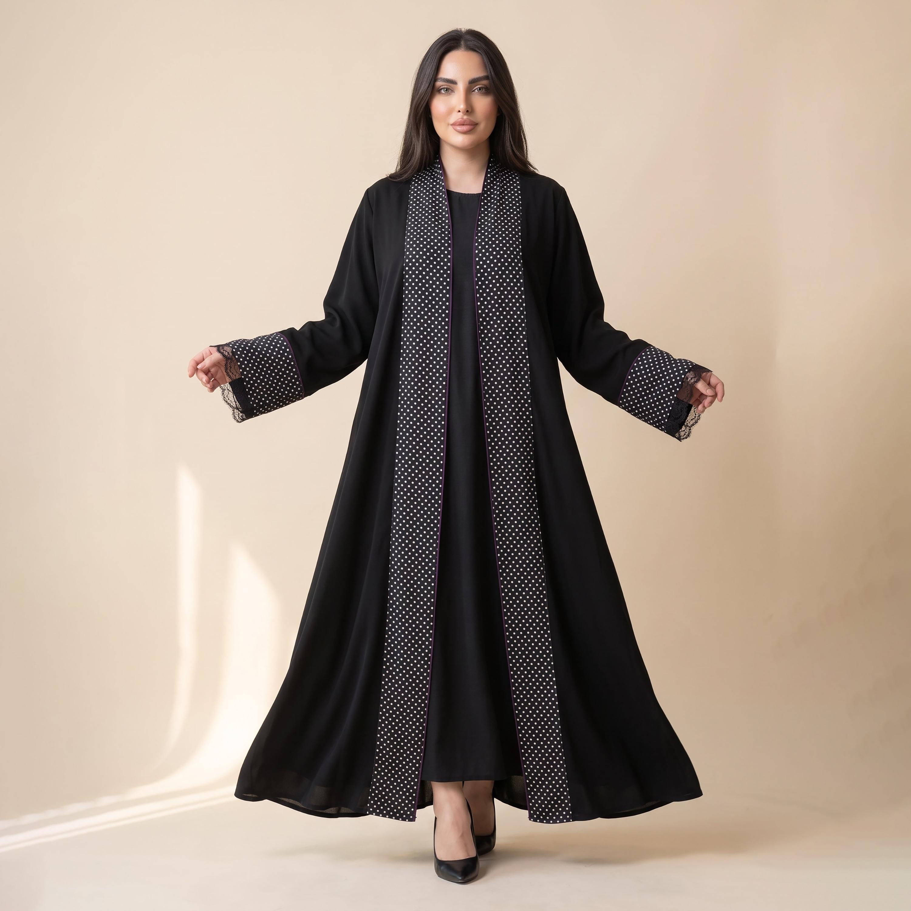 Elegant Hijab Black Polka Dot Crepe Women's Abaya with Hijab-women-arabicclothing-abayas-image-4