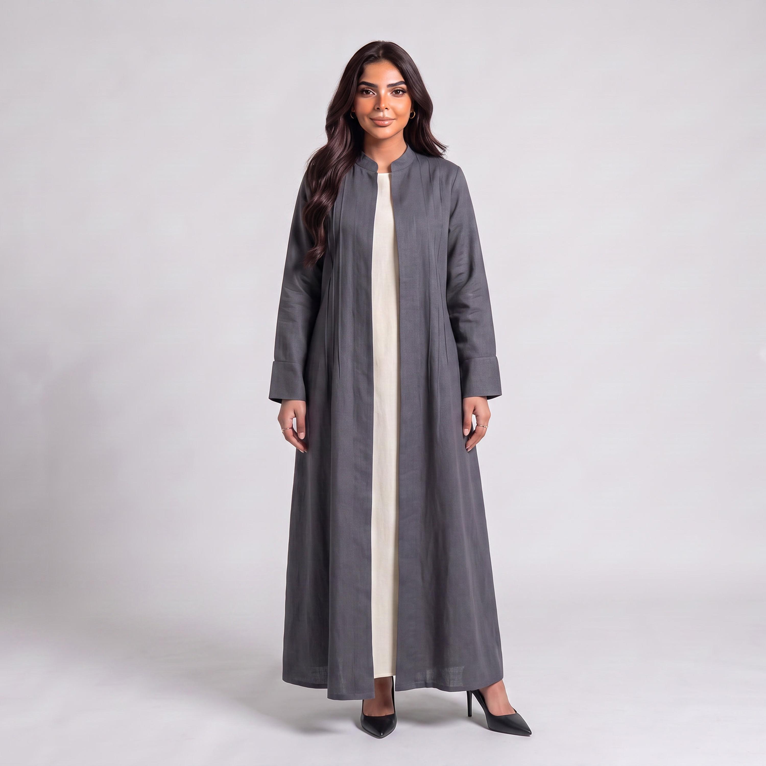 Elegant Hijab Grey Mandarin Collar Linen Women's Abaya with Hijab-women-arabicclothing-abayas-image-1