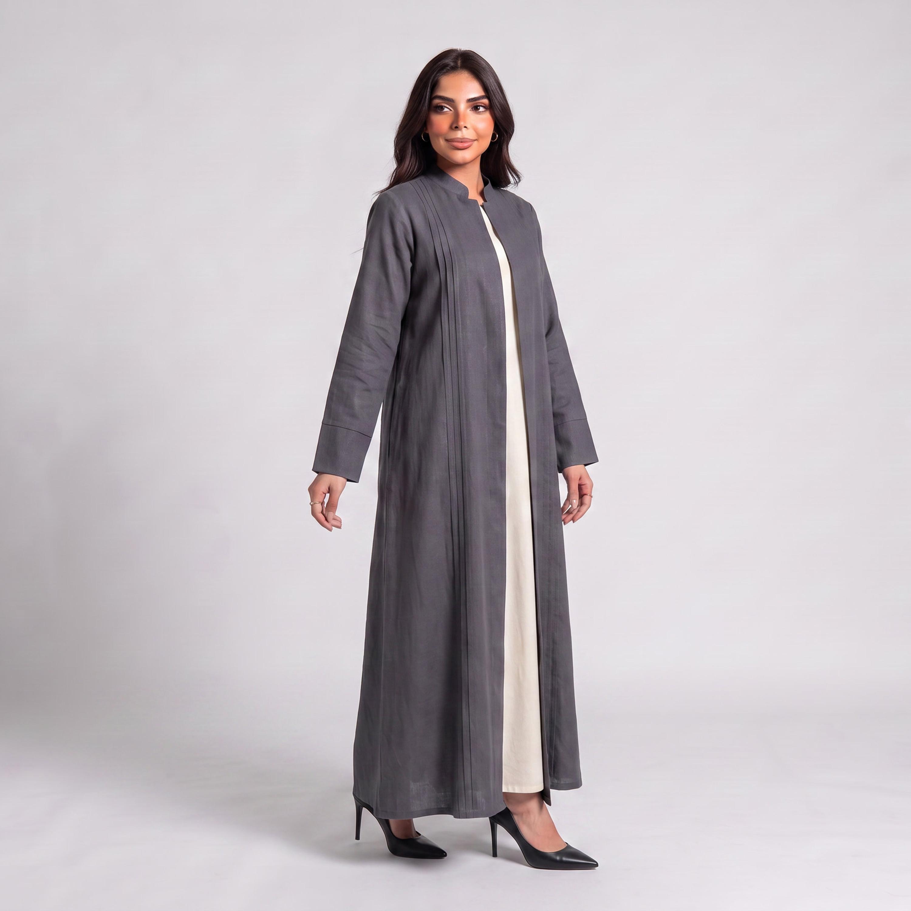 Elegant Hijab Grey Mandarin Collar Linen Women's Abaya with Hijab-women-arabicclothing-abayas-image-2