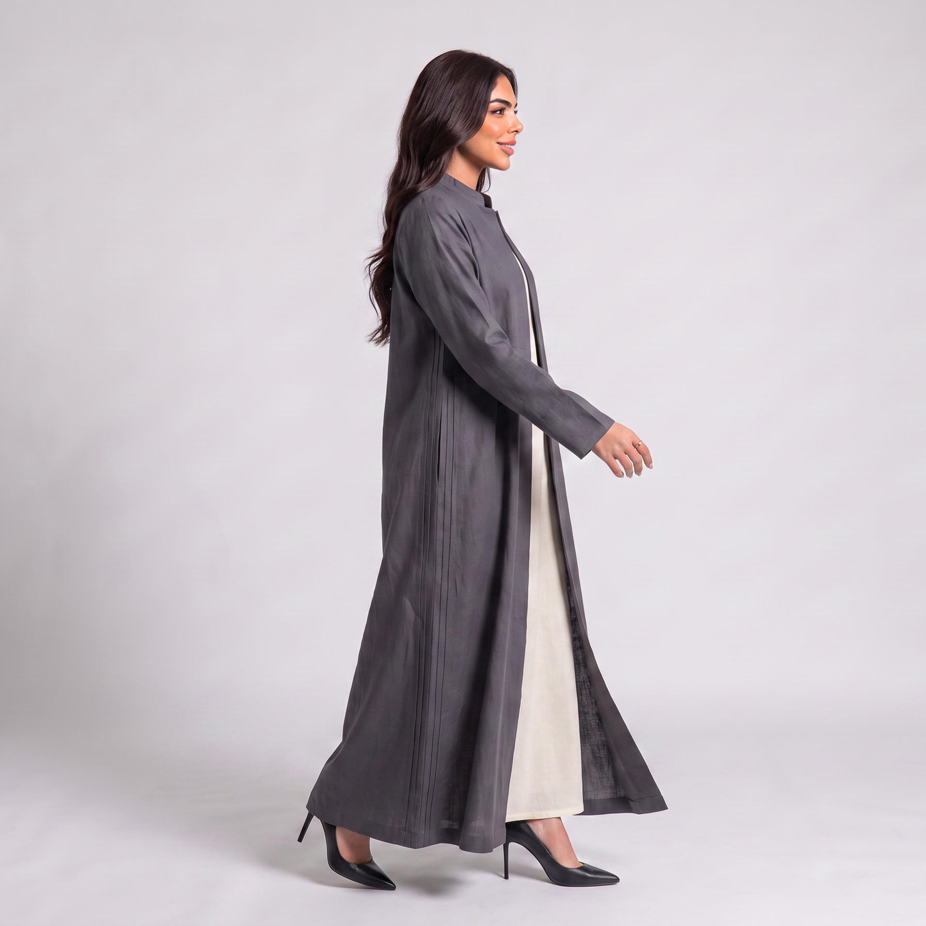 Elegant Hijab Grey Mandarin Collar Linen Women's Abaya with Hijab-women-arabicclothing-abayas-image-3