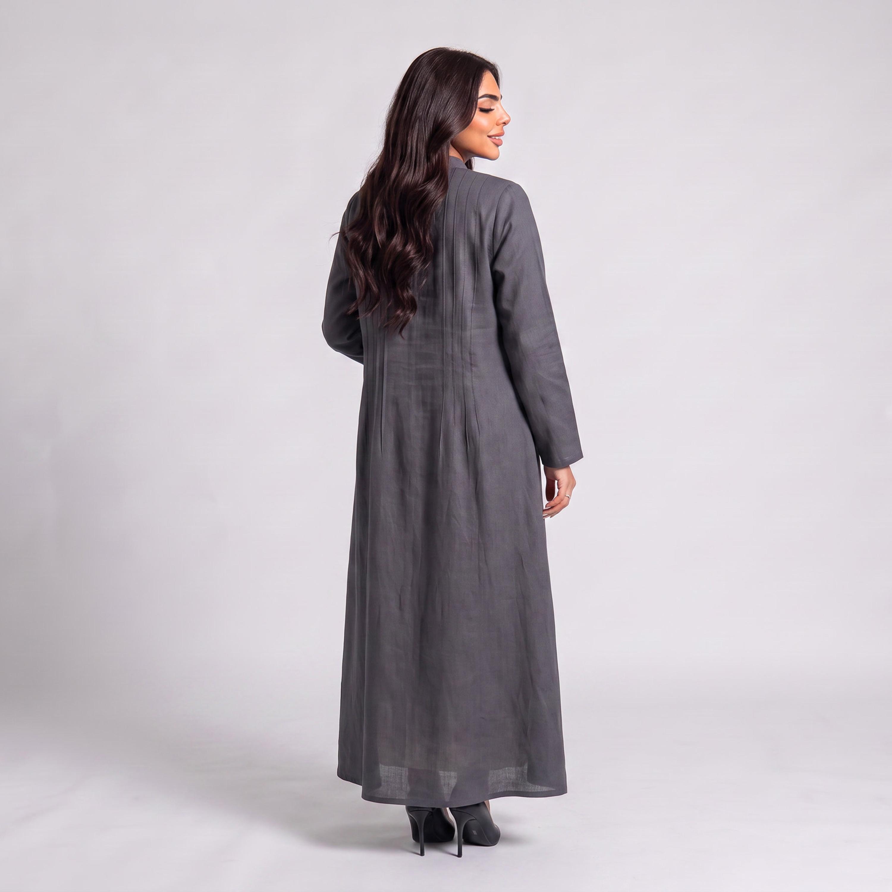 Elegant Hijab Grey Mandarin Collar Linen Women's Abaya with Hijab-women-arabicclothing-abayas-image-4