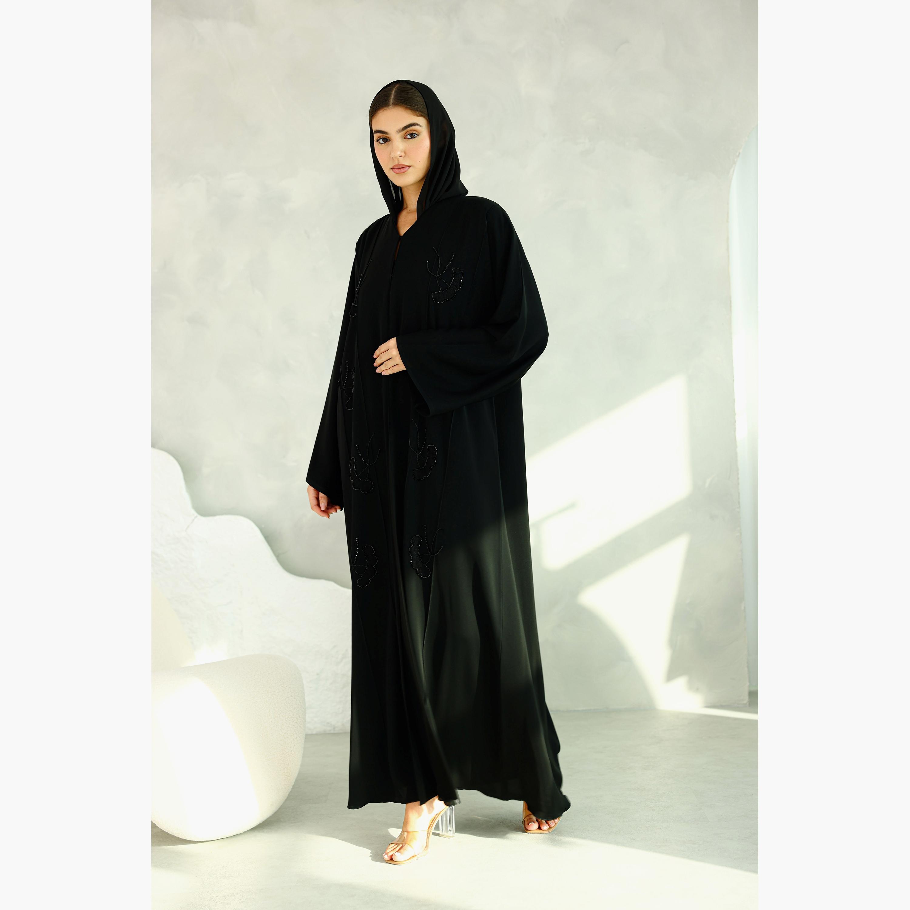 عباية نسائية من قماش نيدا مرصعة بالخرز سوداء مع حجاب من إككسا.-women-arabicclothing-abayas-image-1