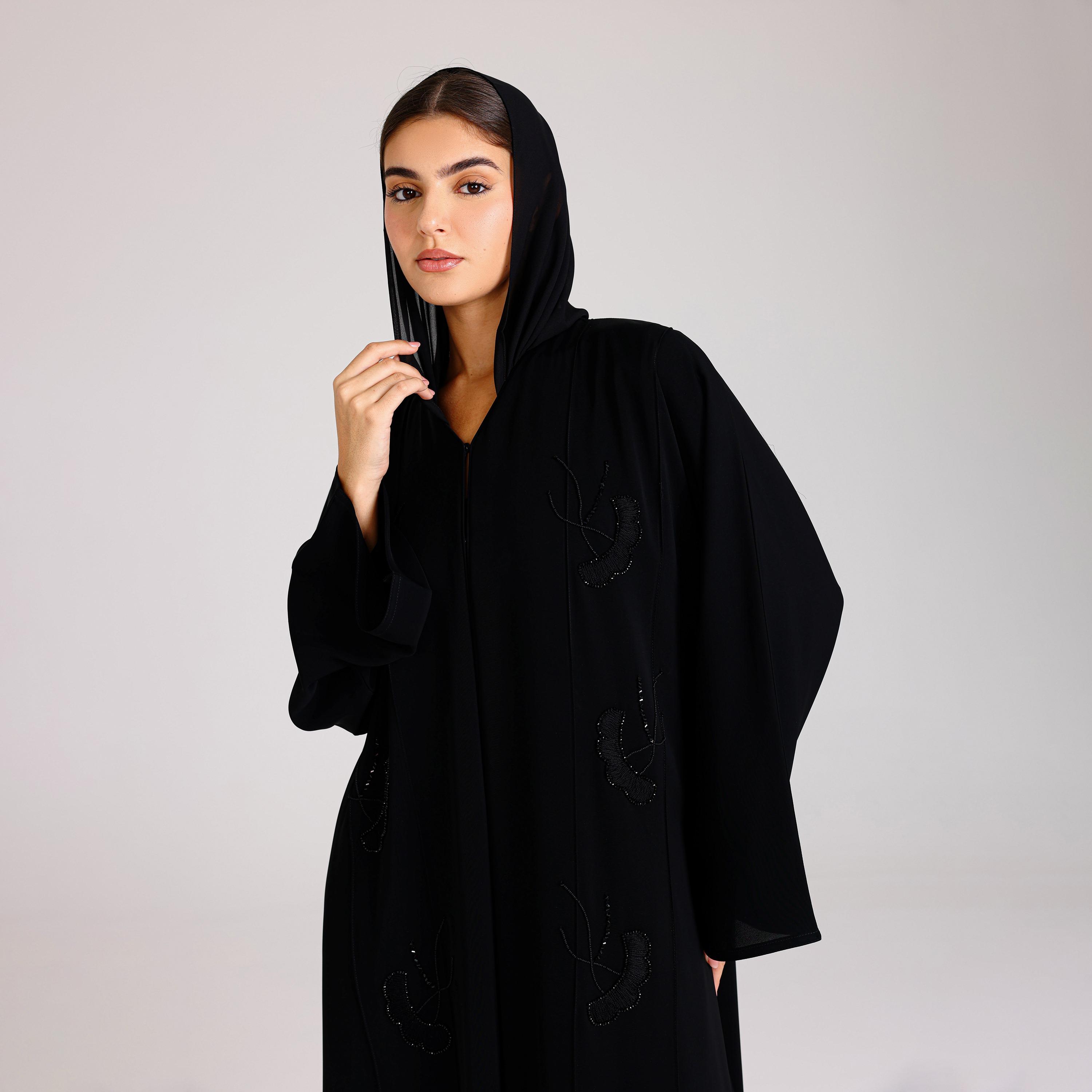 عباية نسائية من قماش نيدا مرصعة بالخرز سوداء مع حجاب من إككسا.-women-arabicclothing-abayas-image-2
