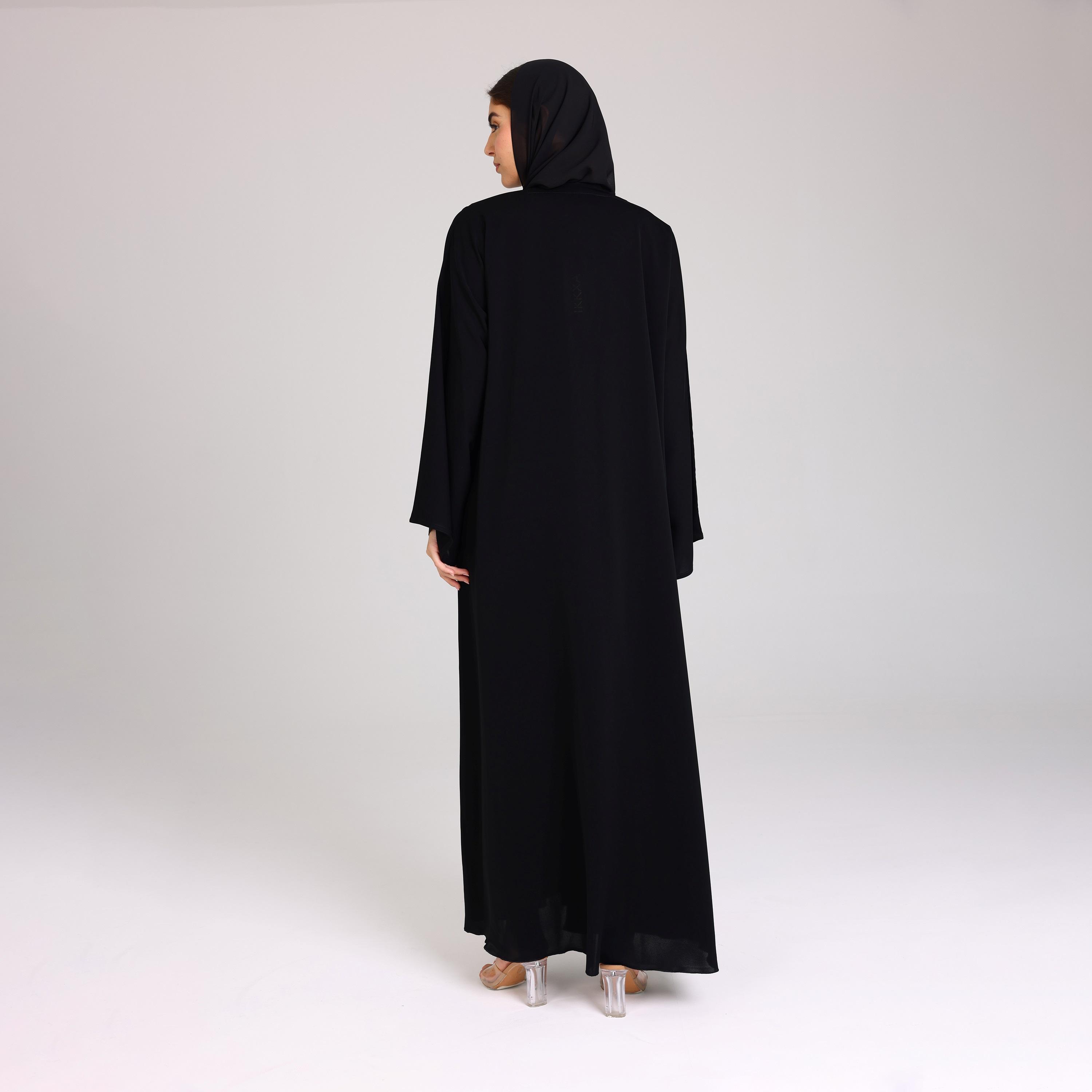 عباية نسائية من قماش نيدا مرصعة بالخرز سوداء مع حجاب من إككسا.-women-arabicclothing-abayas-image-5