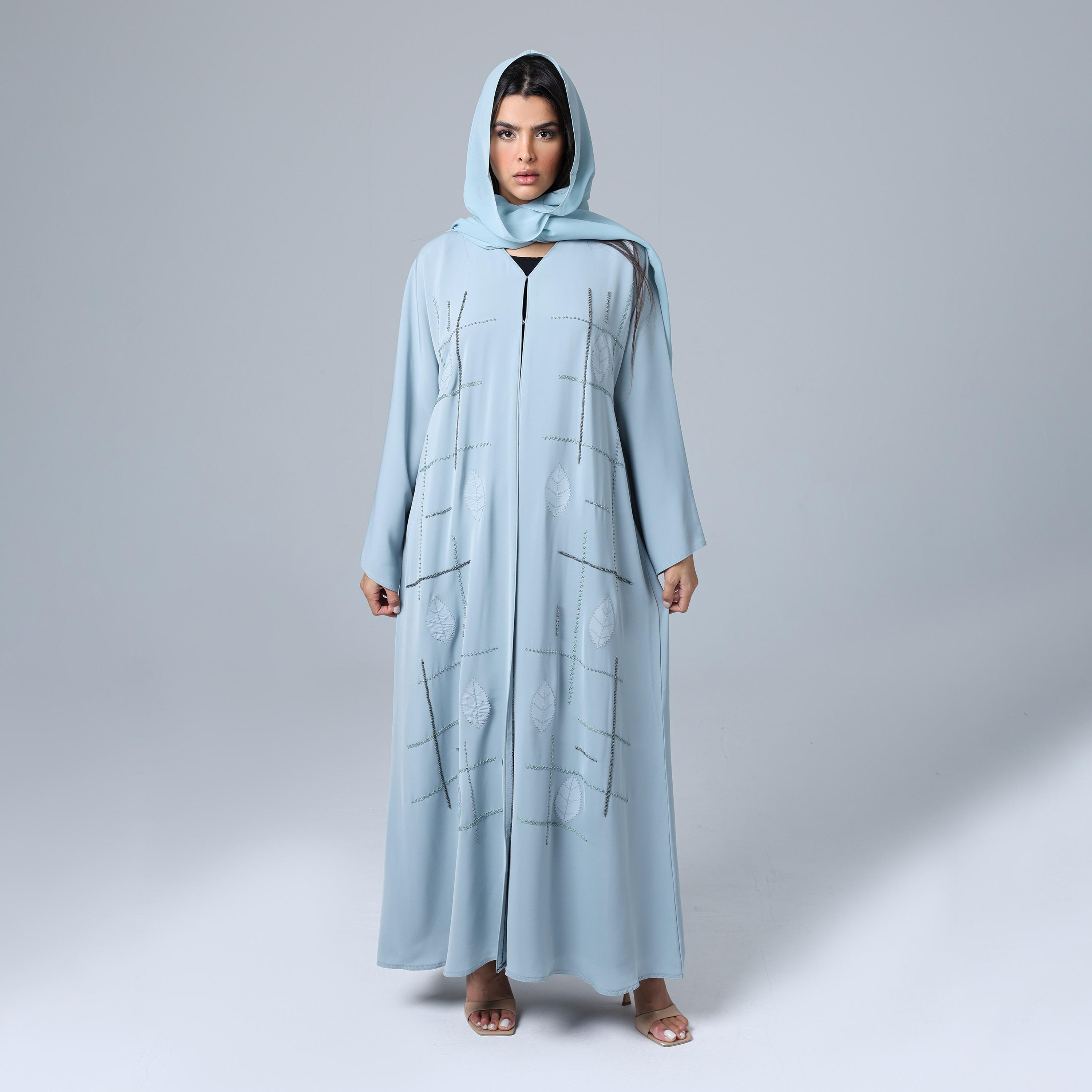 IKKXA Blue Beaded Nida Women's Abaya with Hijab-women-arabicclothing-abayas-image-1