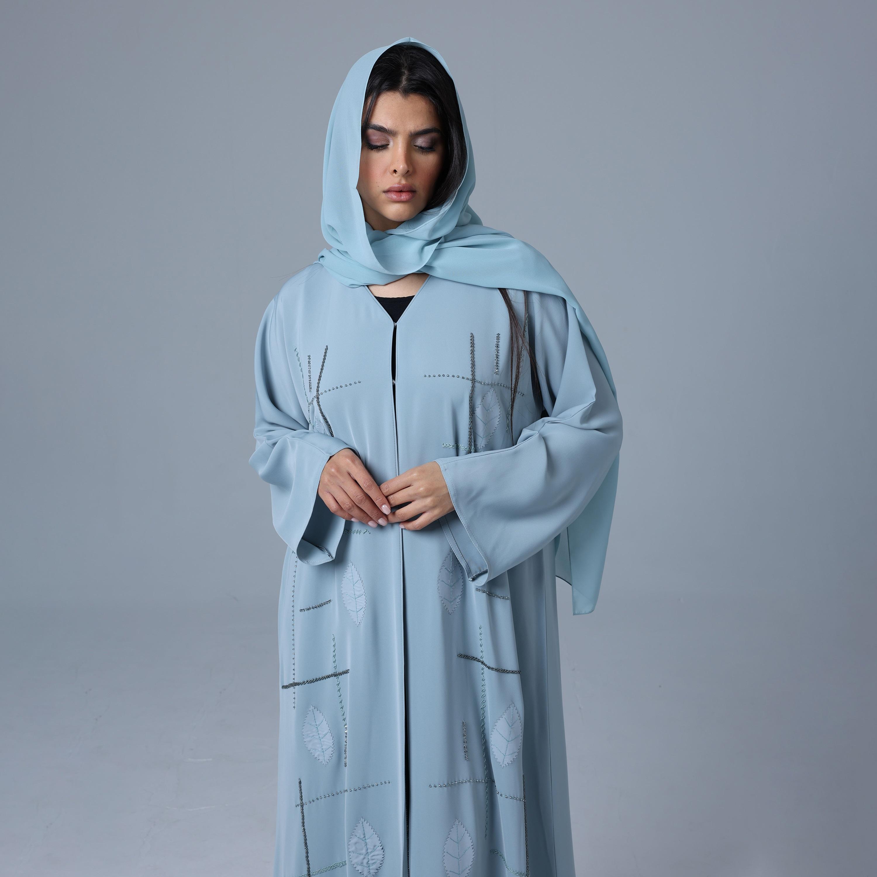 IKKXA Blue Beaded Nida Women's Abaya with Hijab-women-arabicclothing-abayas-image-2