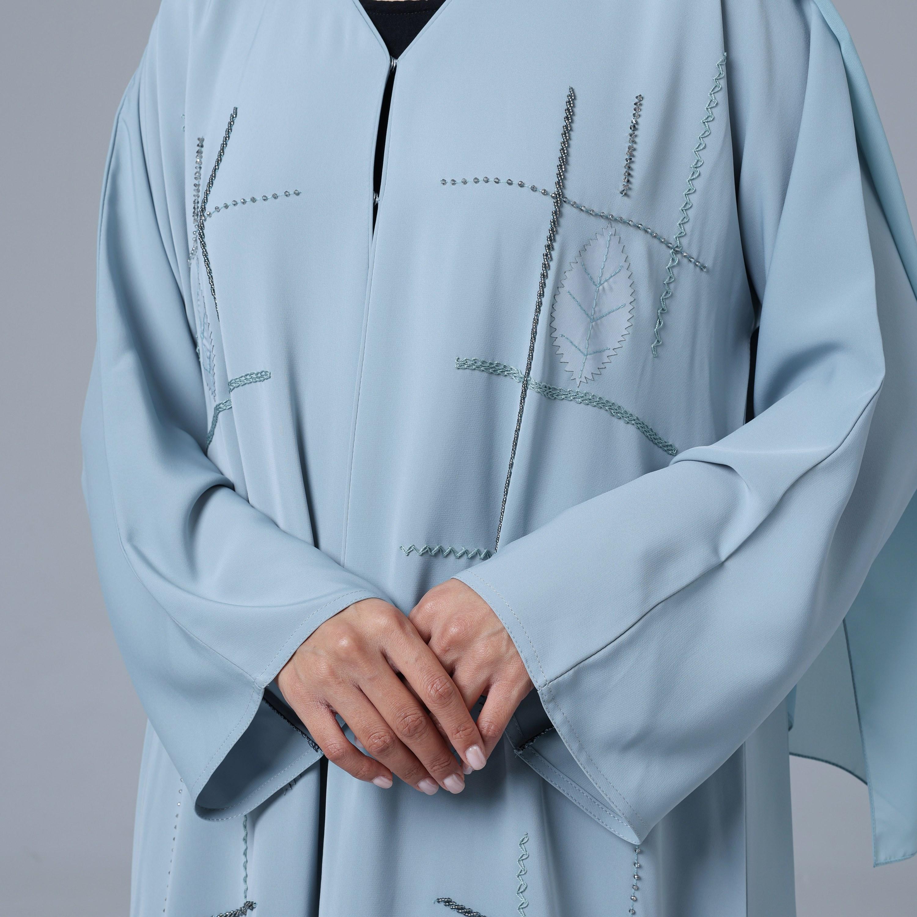 IKKXA Blue Beaded Nida Women's Abaya with Hijab-women-arabicclothing-abayas-image-3
