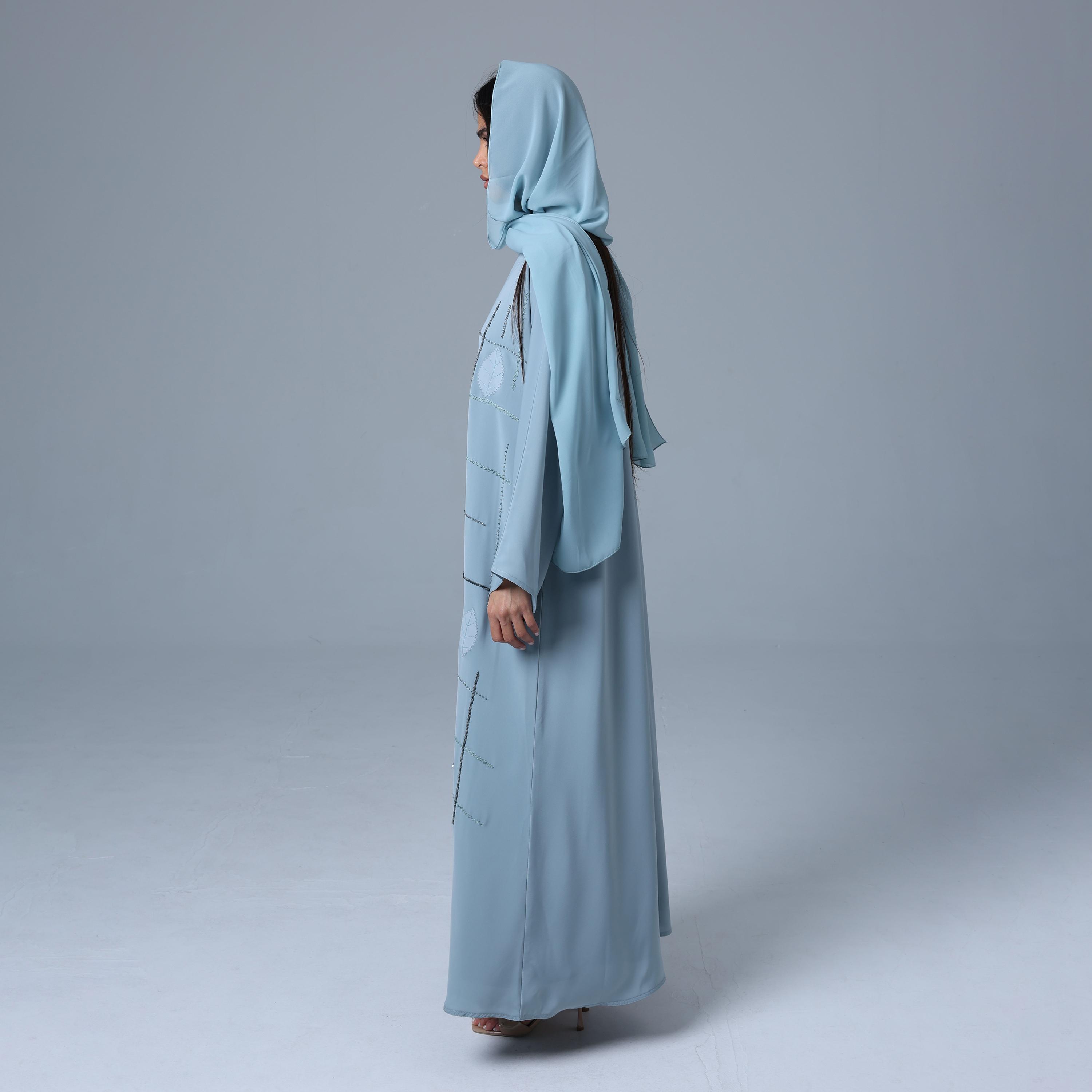 IKKXA Blue Beaded Nida Women's Abaya with Hijab-women-arabicclothing-abayas-image-4