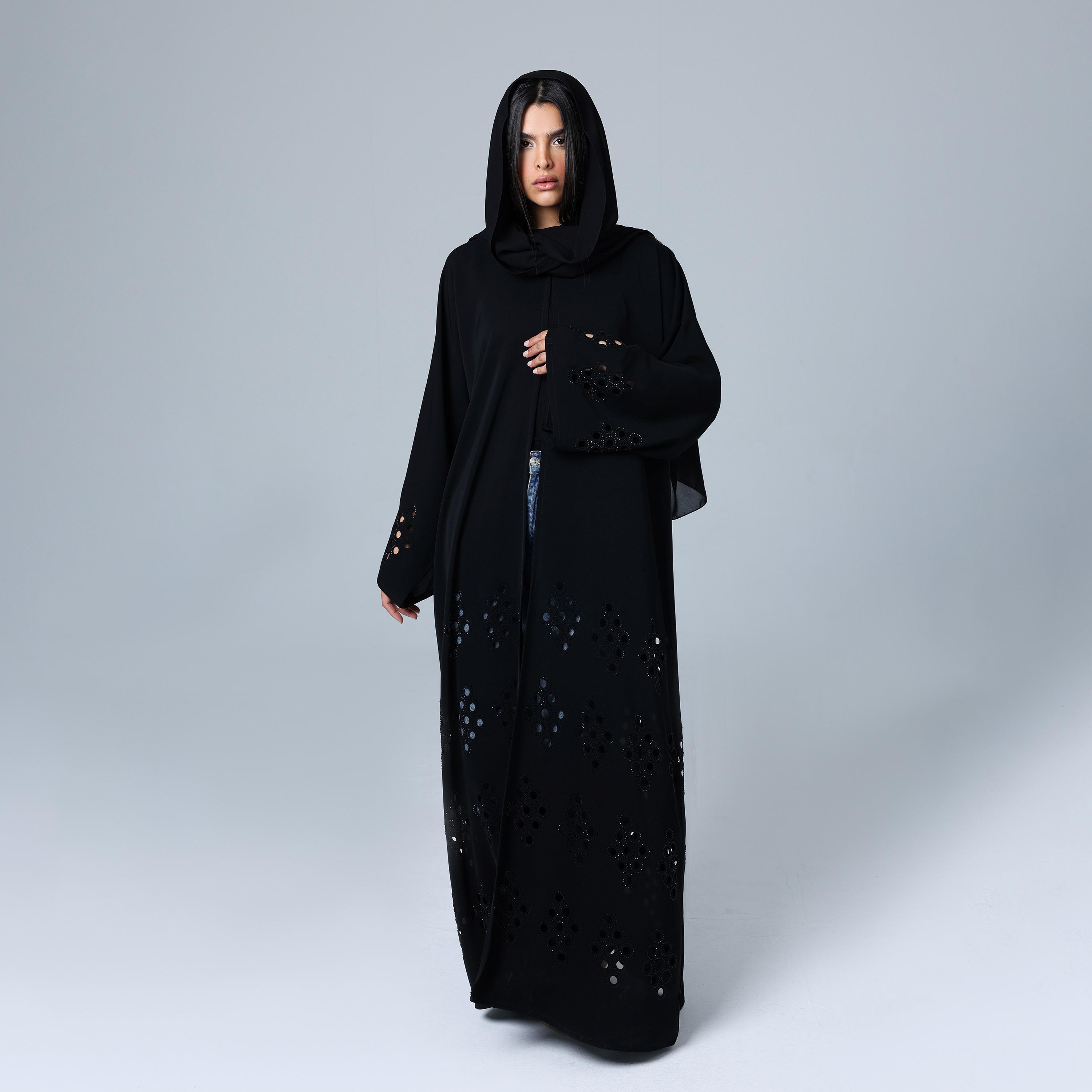 IKKXA Black Geometric Cut-Out Wide Sleeves Nida Women's Abaya with Hijab-women-arabicclothing-abayas-image-1