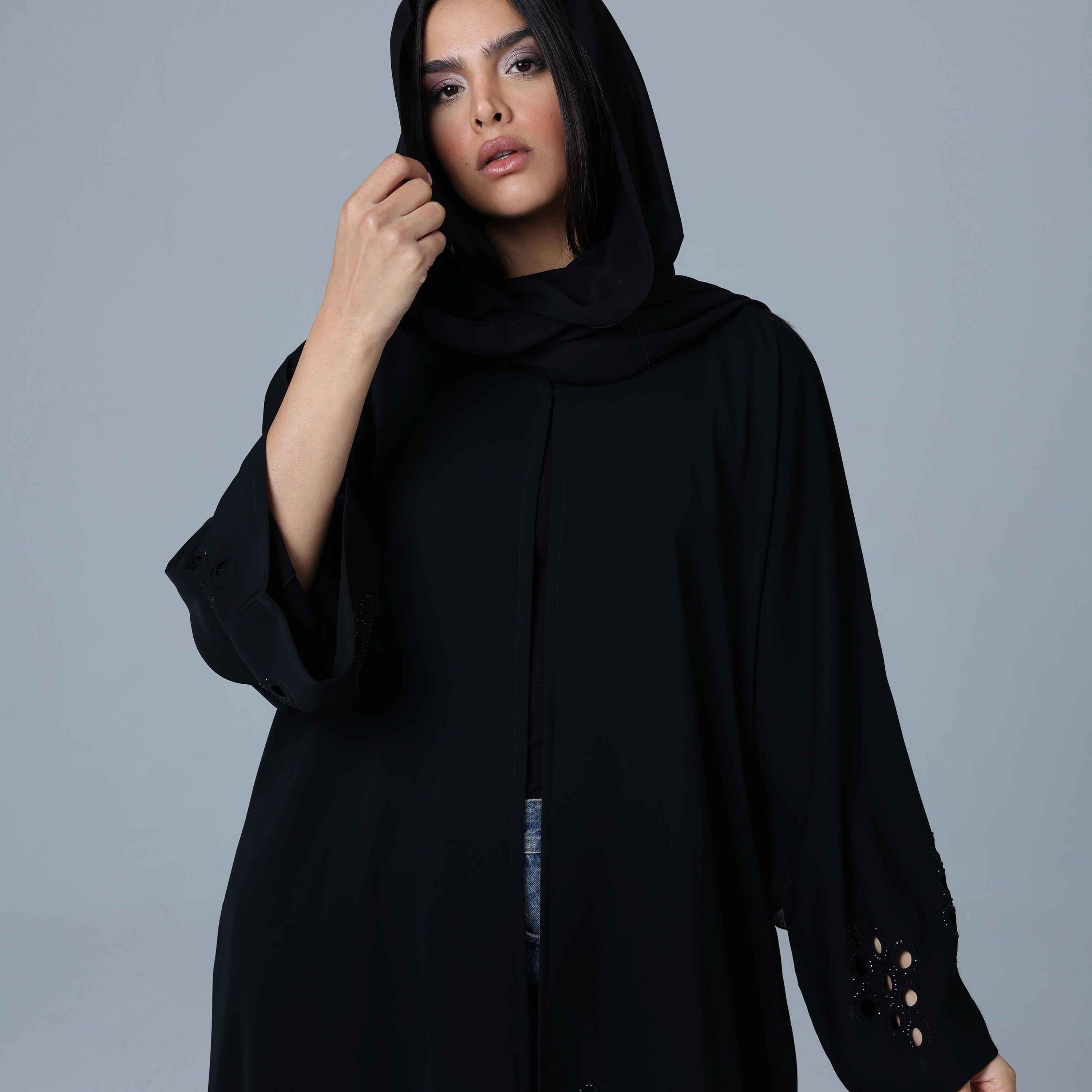 IKKXA Black Geometric Cut-Out Wide Sleeves Nida Women's Abaya with Hijab-women-arabicclothing-abayas-image-2