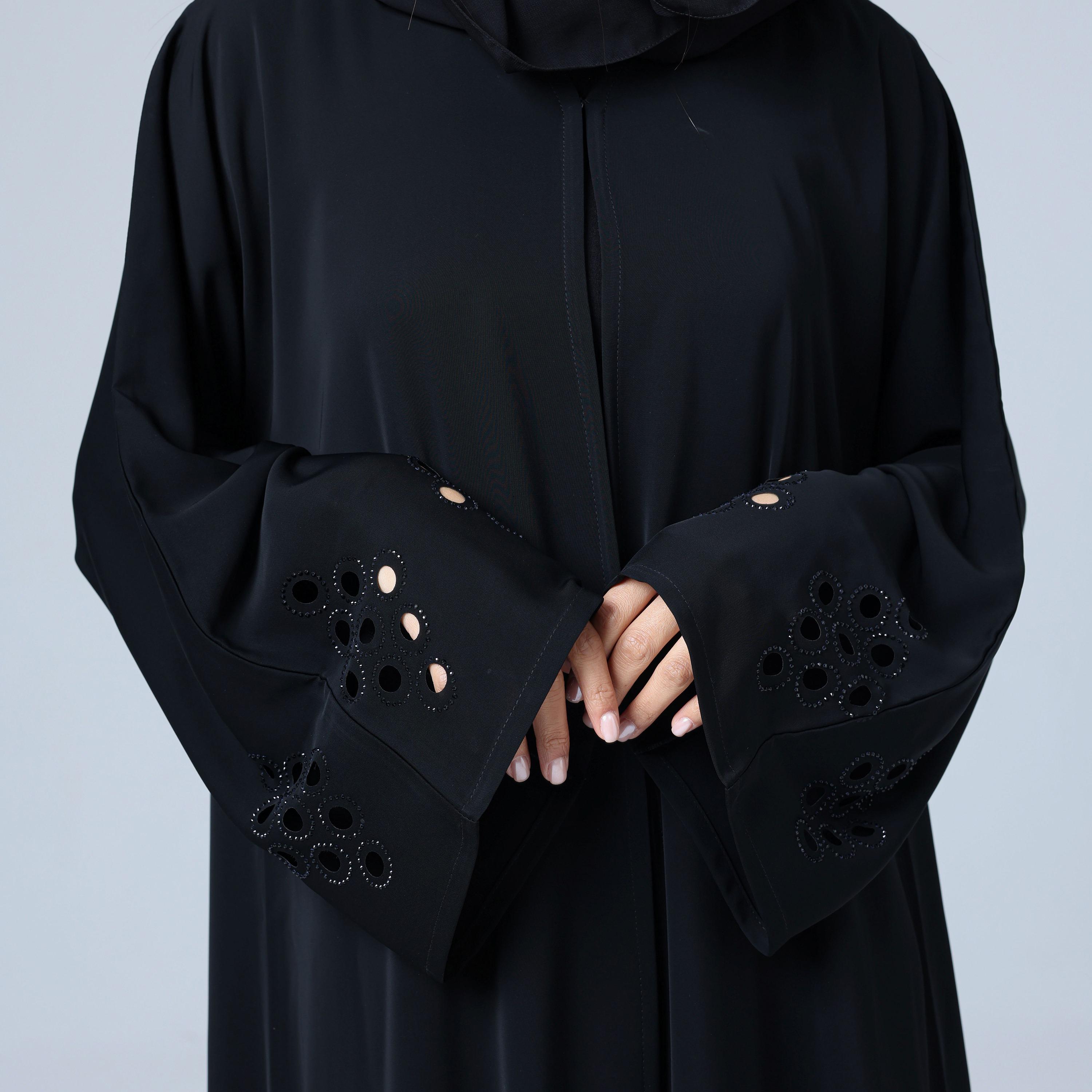 IKKXA Black Geometric Cut-Out Wide Sleeves Nida Women's Abaya with Hijab-women-arabicclothing-abayas-image-3