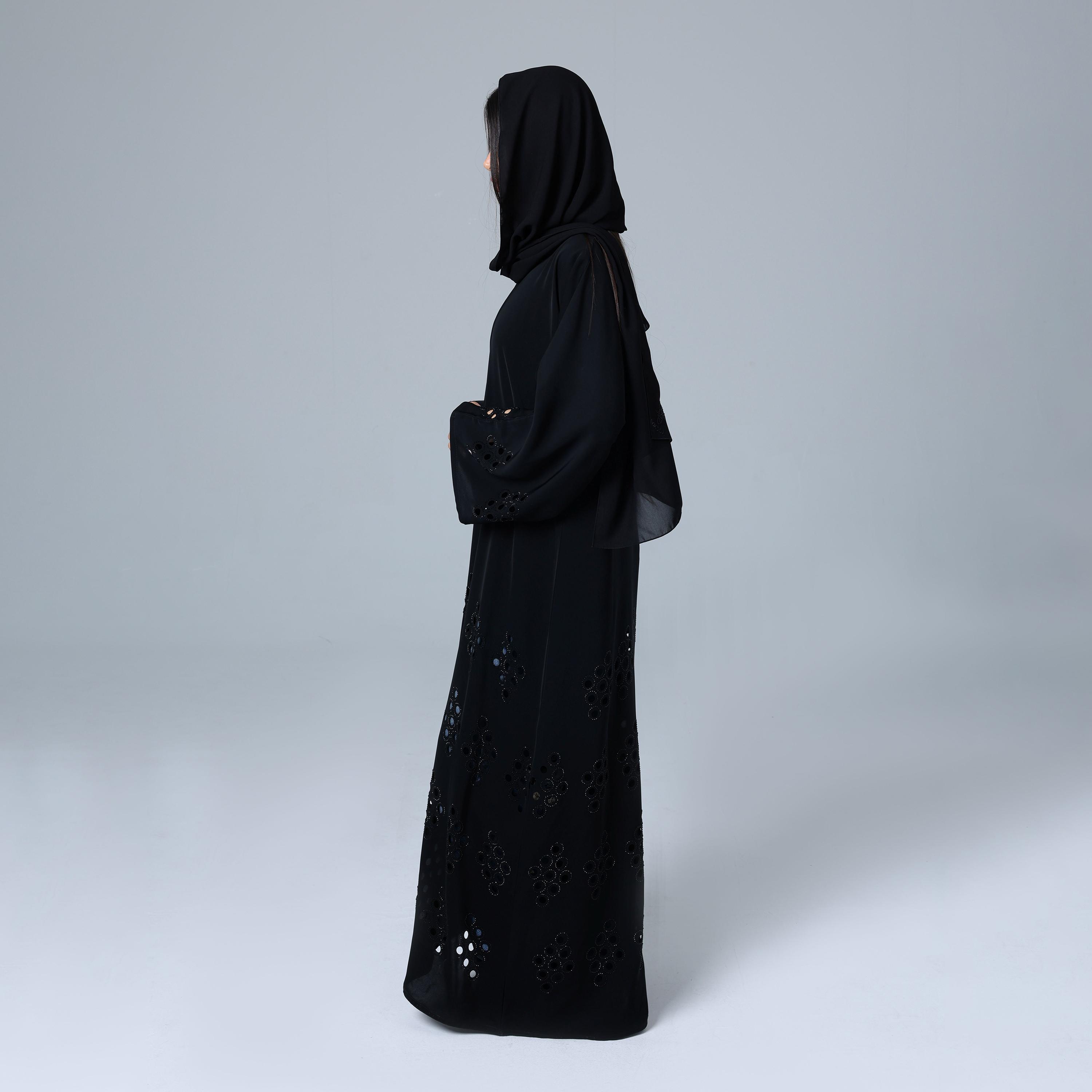 IKKXA Black Geometric Cut-Out Wide Sleeves Nida Women's Abaya with Hijab-women-arabicclothing-abayas-image-4