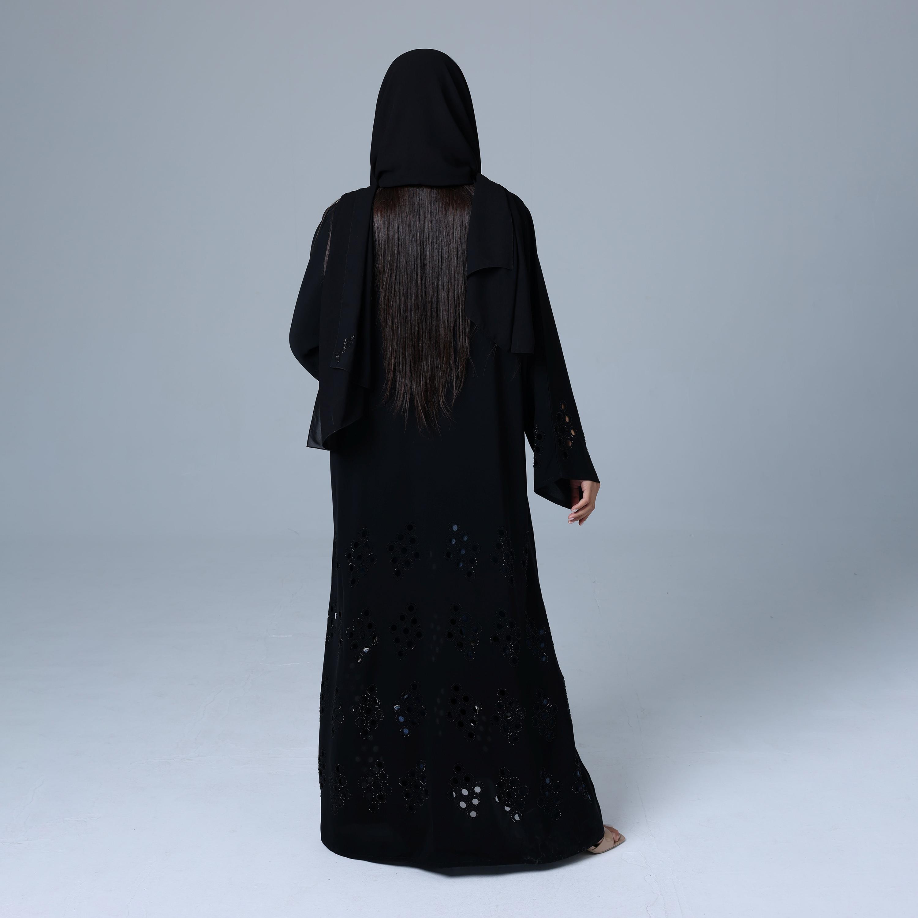 IKKXA Black Geometric Cut-Out Wide Sleeves Nida Women's Abaya with Hijab-women-arabicclothing-abayas-image-5