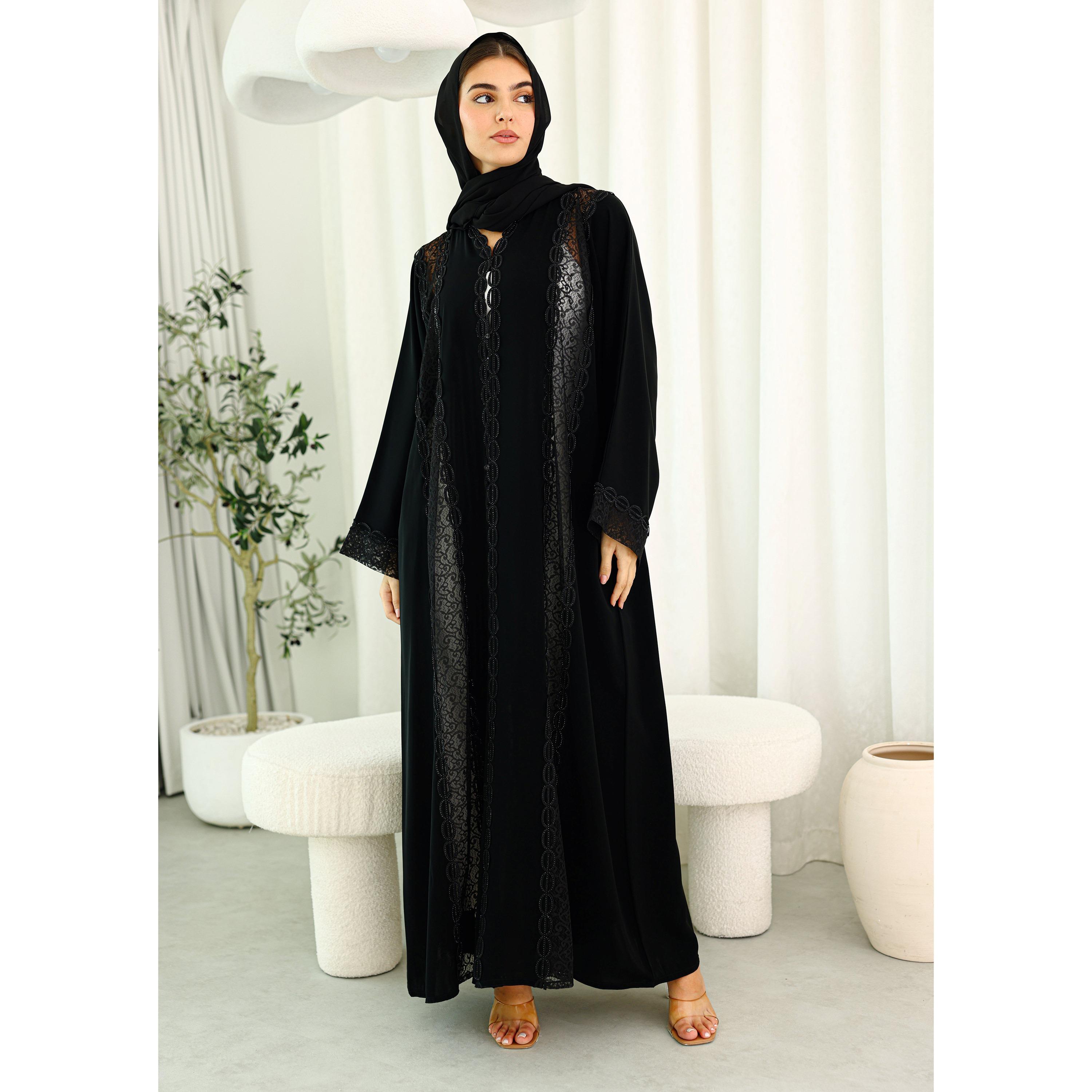 IKKXA Black Lace Wide Sleeves Neda Women's Evening Abaya with Hijab-women-arabicclothing-abayas-image-1