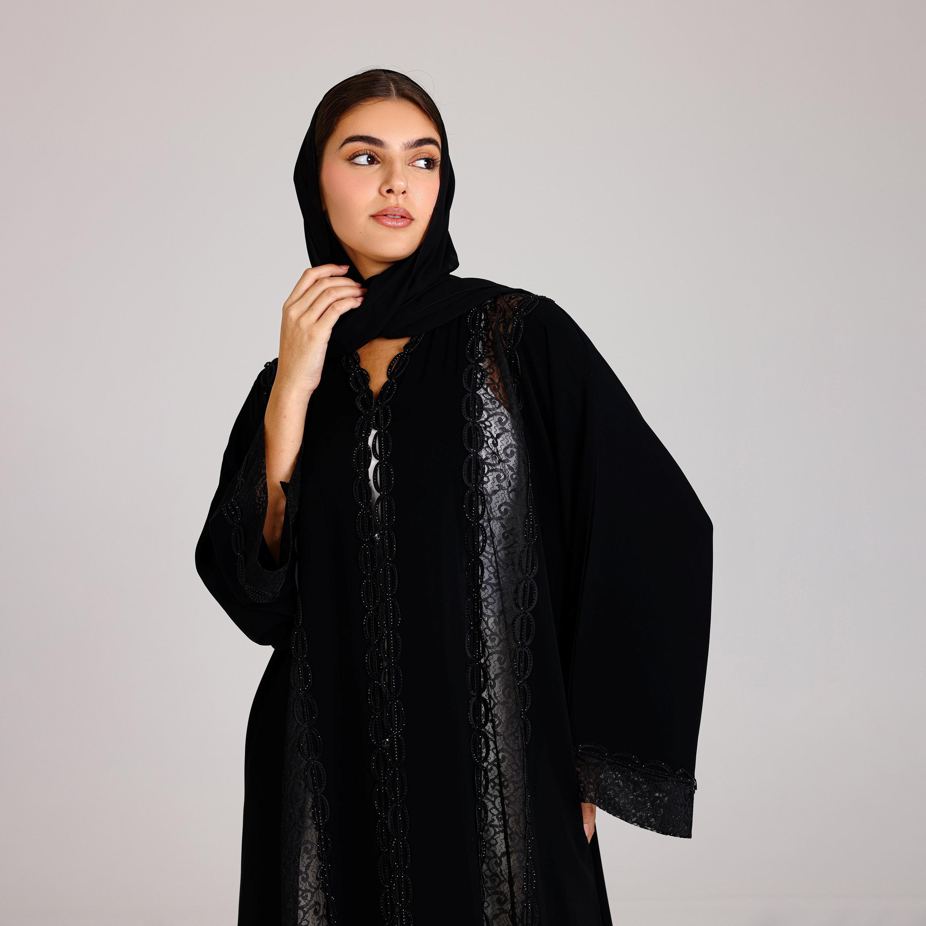 IKKXA Black Lace Wide Sleeves Neda Women's Evening Abaya with Hijab-women-arabicclothing-abayas-image-2