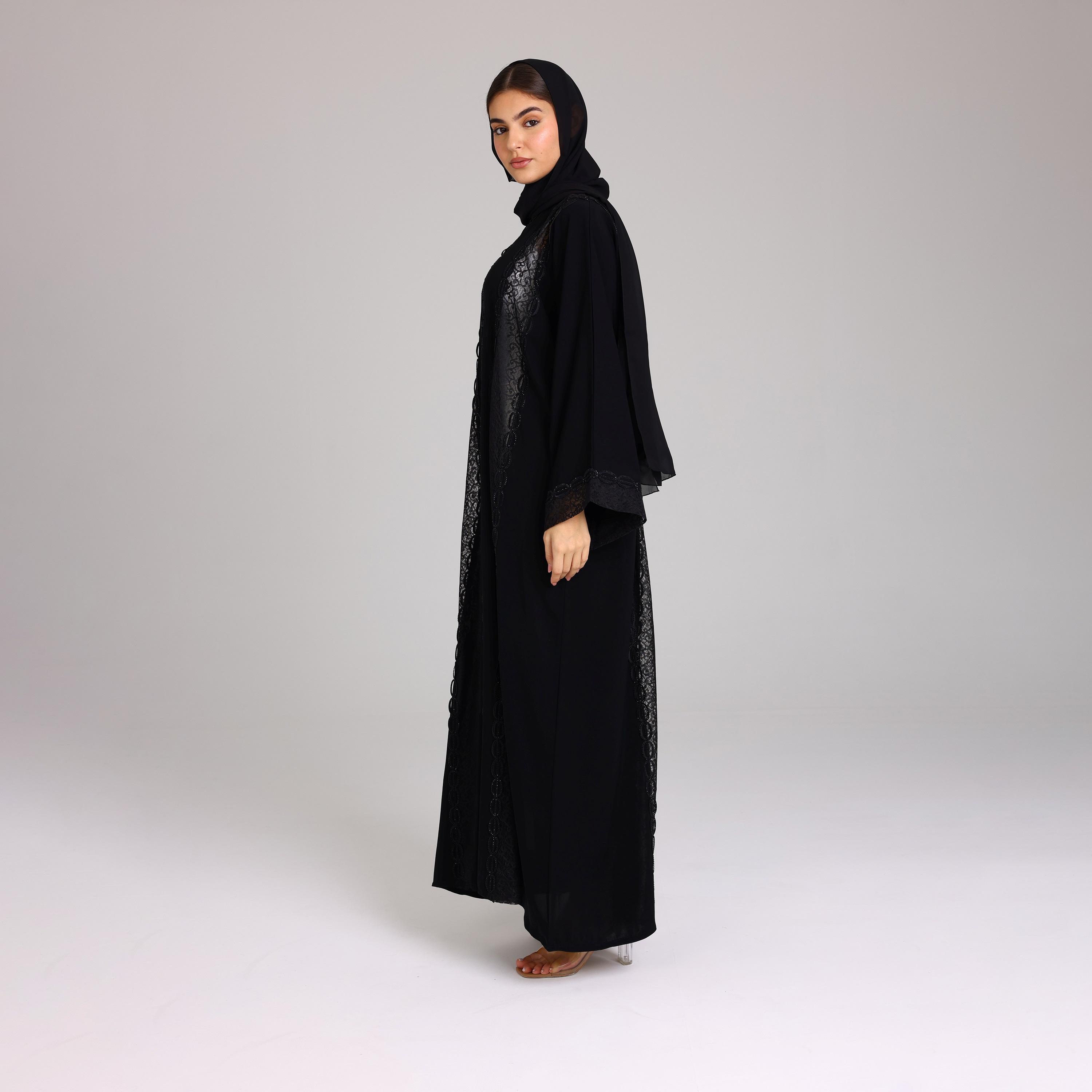 IKKXA Black Lace Wide Sleeves Neda Women's Evening Abaya with Hijab-women-arabicclothing-abayas-image-3