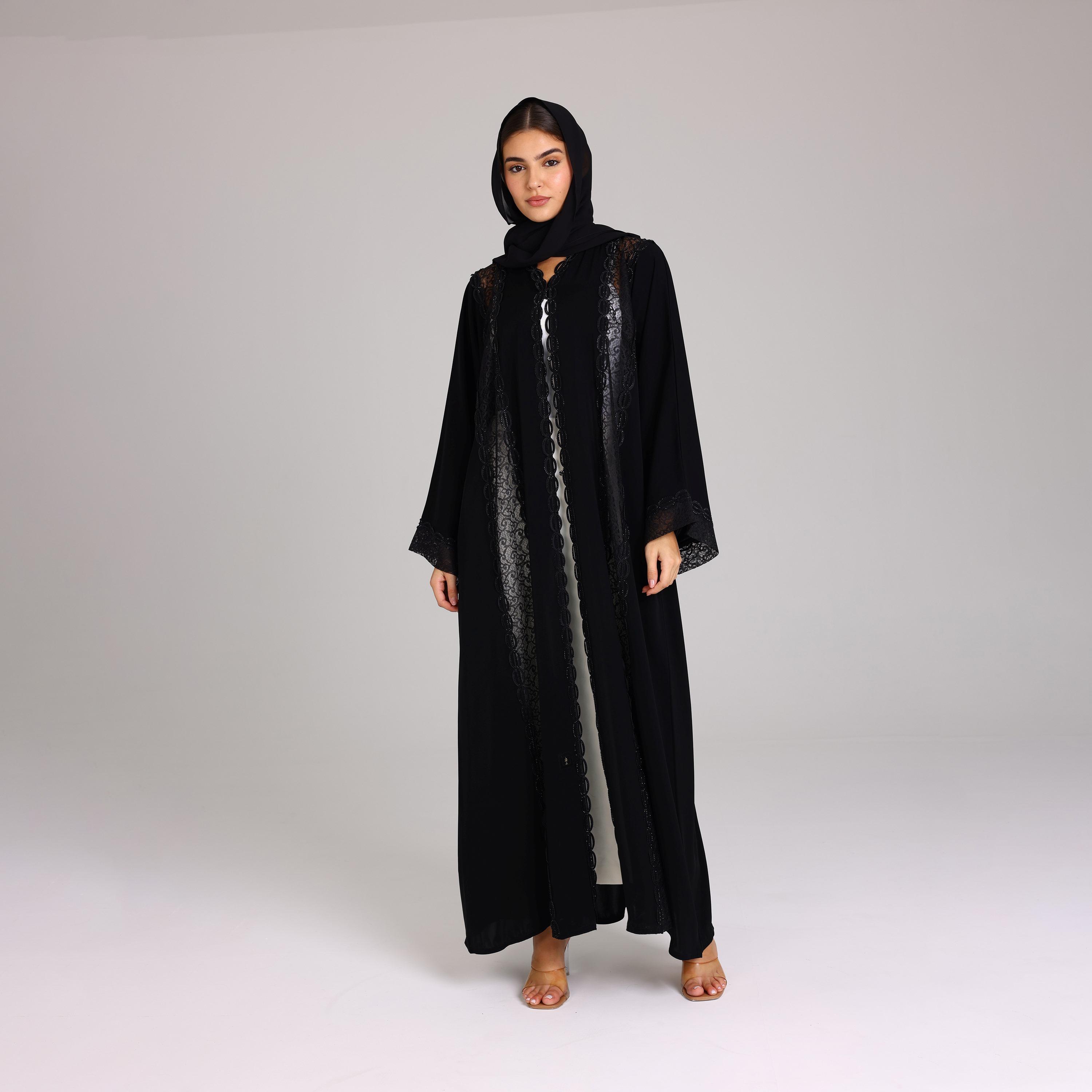IKKXA Black Lace Wide Sleeves Neda Women's Evening Abaya with Hijab-women-arabicclothing-abayas-image-4