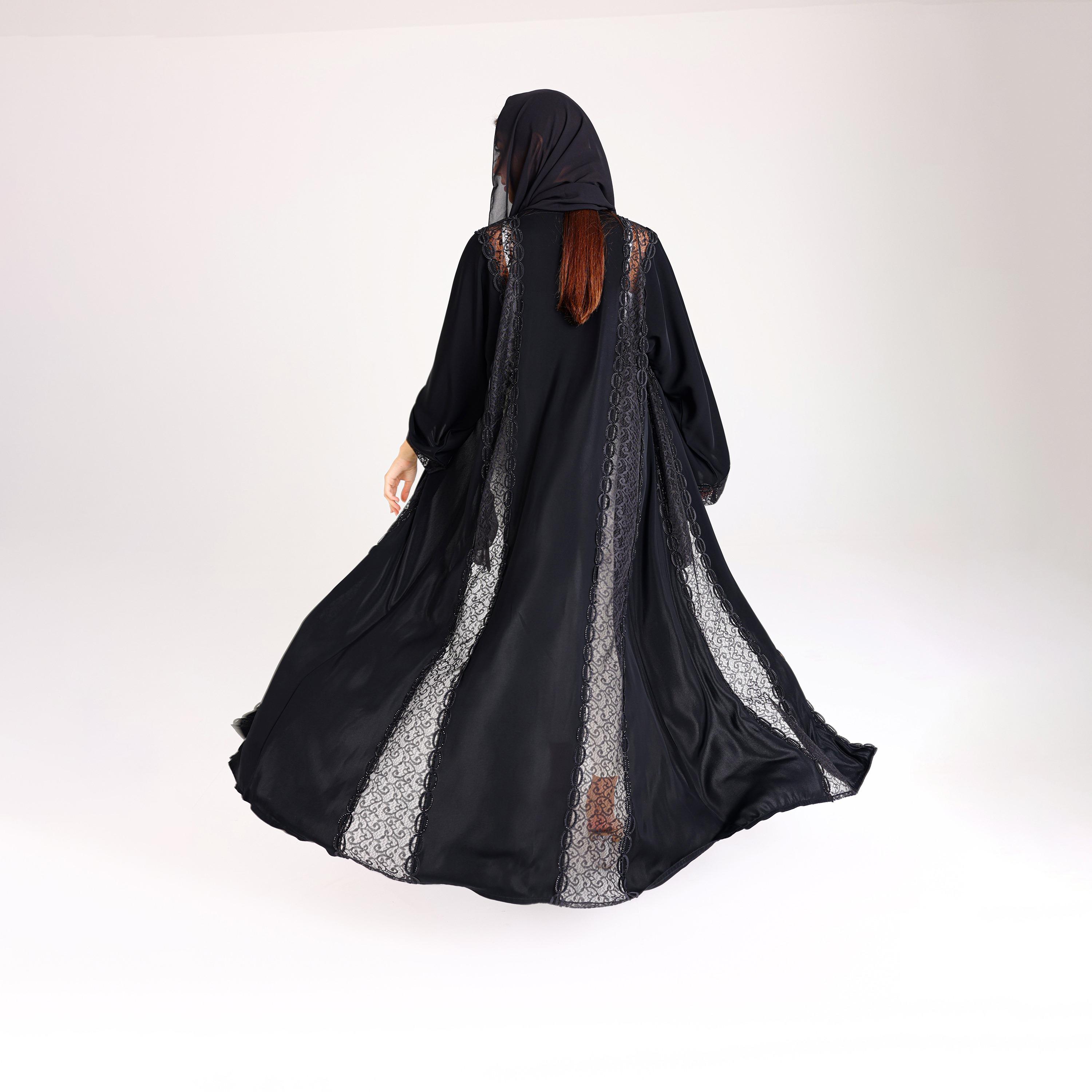 IKKXA Black Lace Wide Sleeves Neda Women's Evening Abaya with Hijab-women-arabicclothing-abayas-image-5