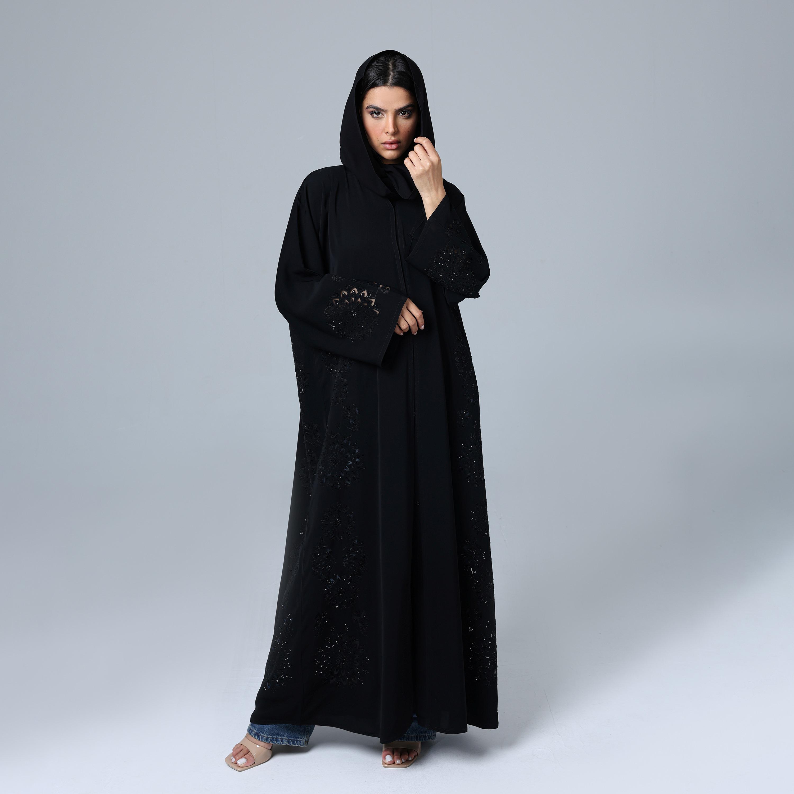 IKKXA Black Crystal Work Nida Women's Abaya with Hijab-women-arabicclothing-abayas-image-1