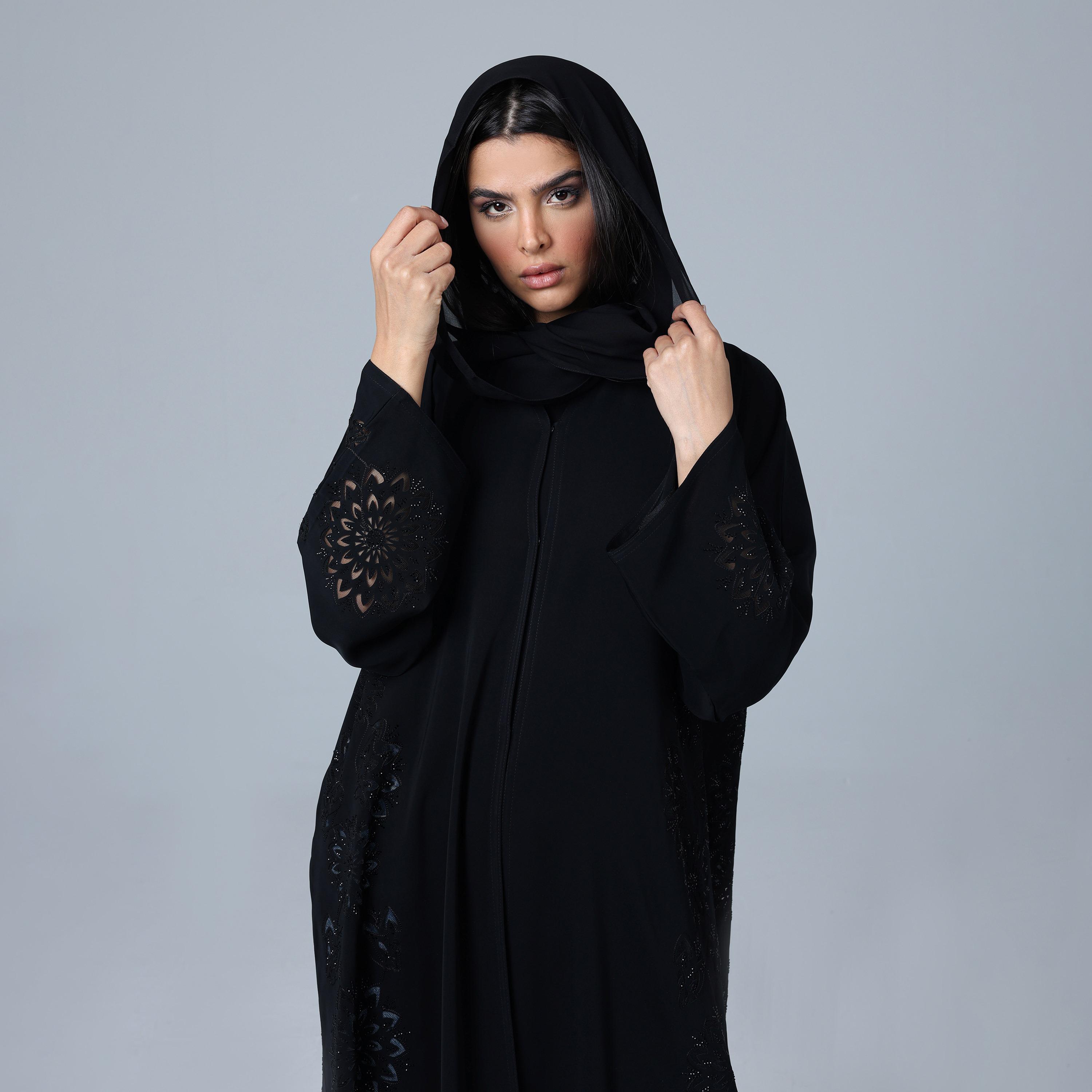 IKKXA Black Crystal Work Nida Women's Abaya with Hijab-women-arabicclothing-abayas-image-2