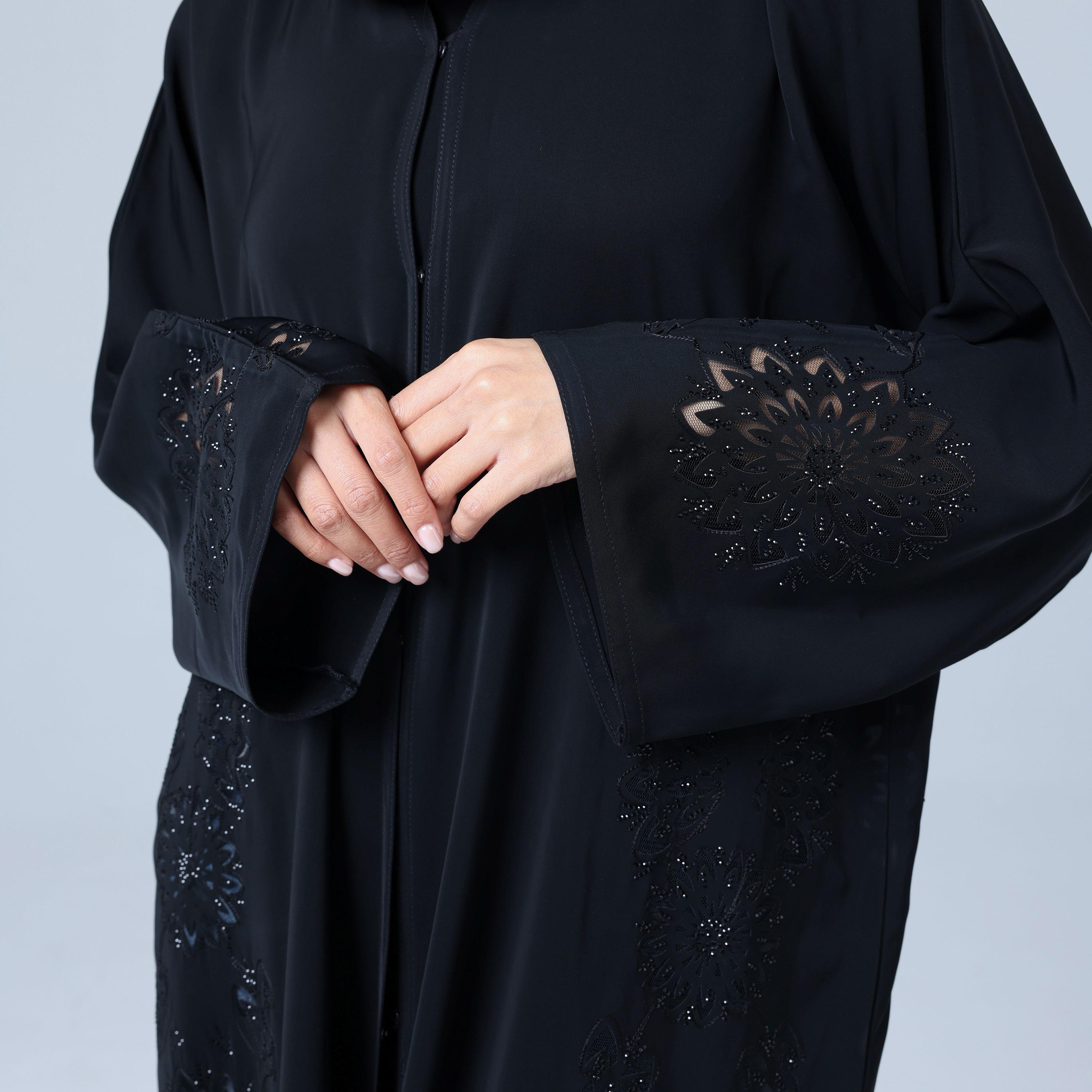 IKKXA Black Crystal Work Nida Women's Abaya with Hijab-women-arabicclothing-abayas-image-3
