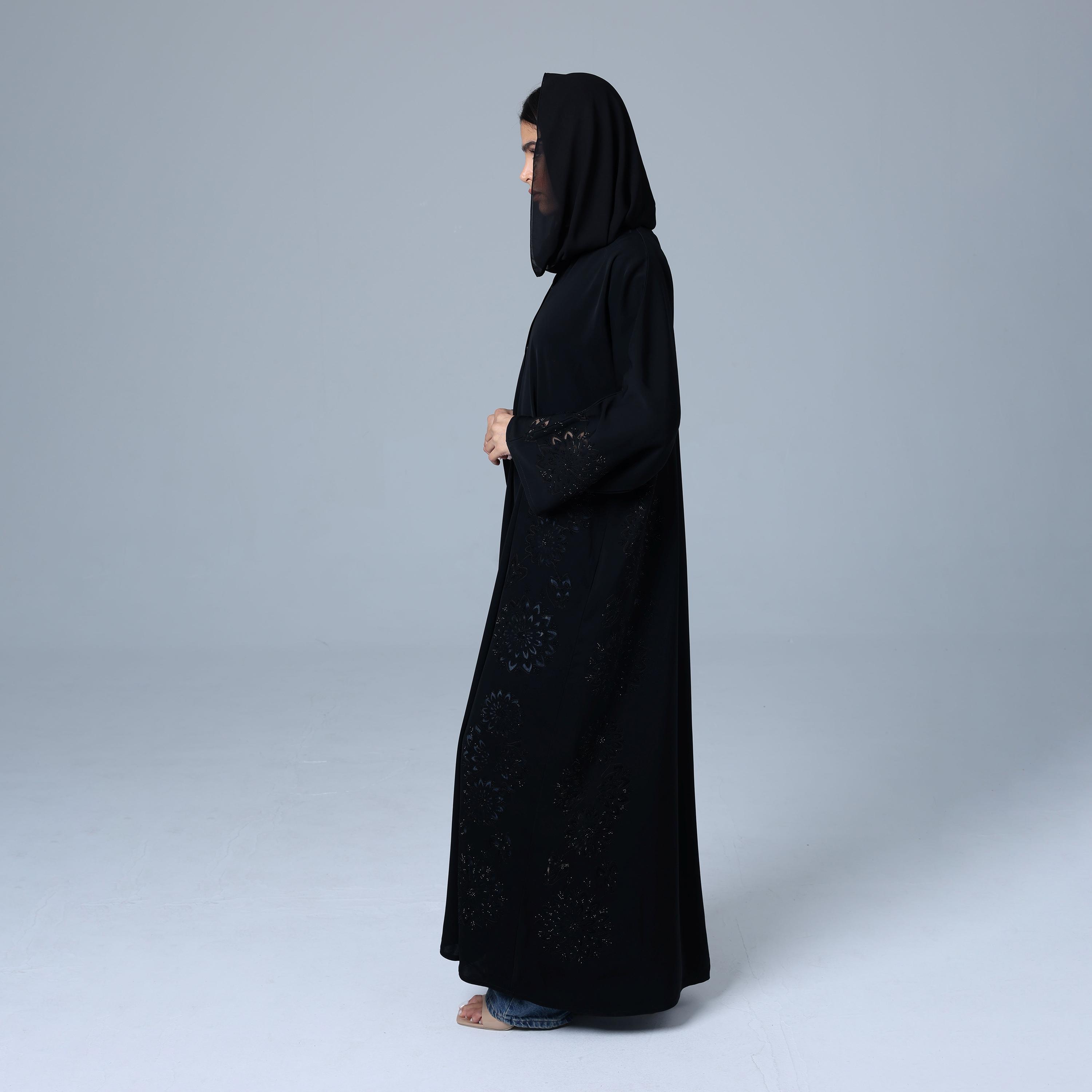 IKKXA Black Crystal Work Nida Women's Abaya with Hijab-women-arabicclothing-abayas-image-4