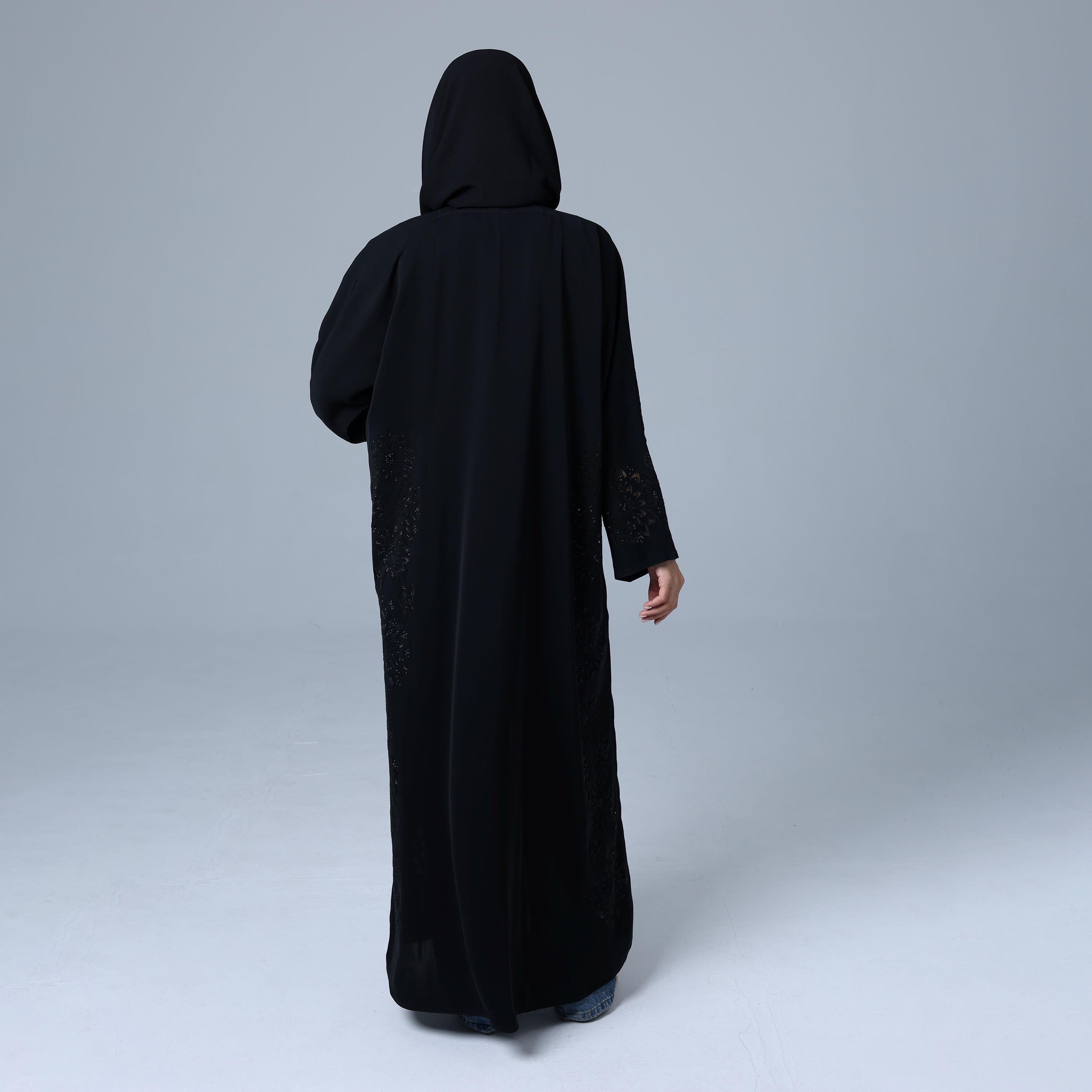 IKKXA Black Crystal Work Nida Women's Abaya with Hijab-women-arabicclothing-abayas-image-5