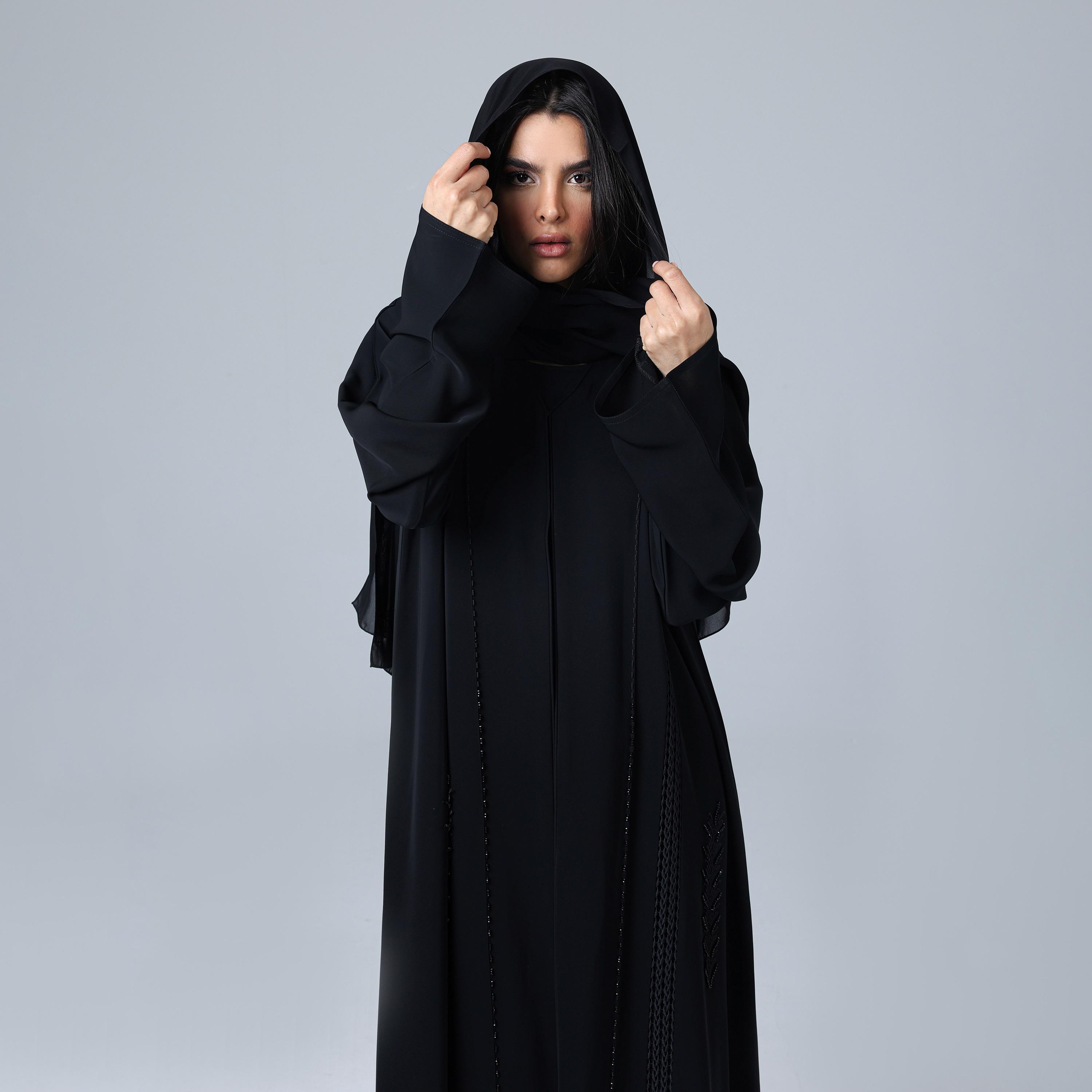 IKKXA Black Embroidered Wide Sleeves Nida Women's Abaya with Hijab-women-arabicclothing-abayas-image-2