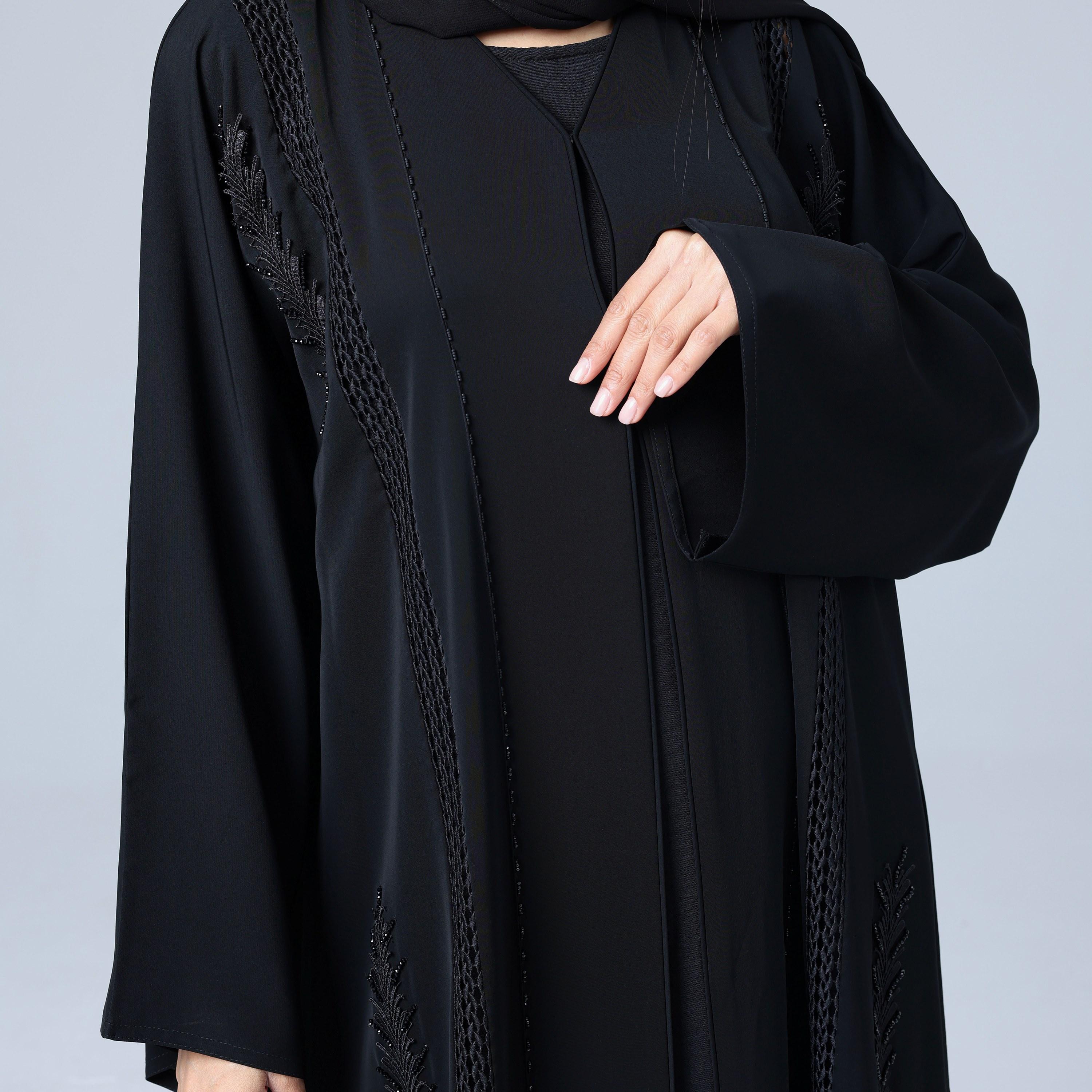 IKKXA Black Embroidered Wide Sleeves Nida Women's Abaya with Hijab-women-arabicclothing-abayas-image-3
