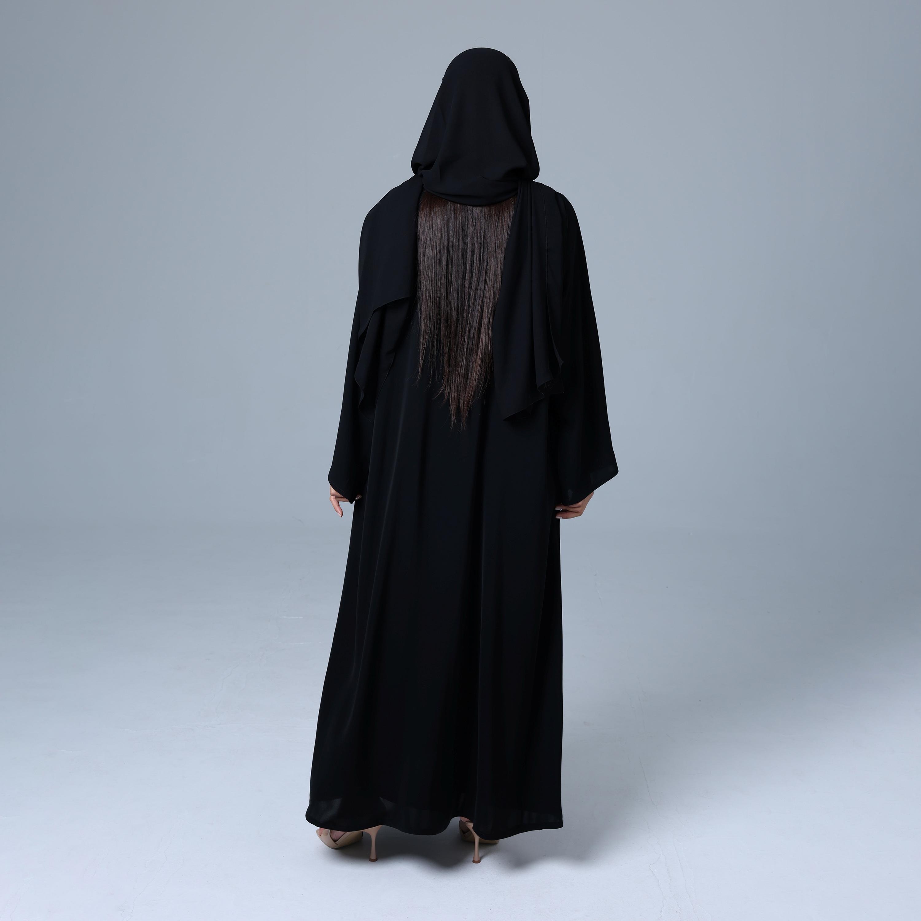 IKKXA Black Embroidered Wide Sleeves Nida Women's Abaya with Hijab-women-arabicclothing-abayas-image-5