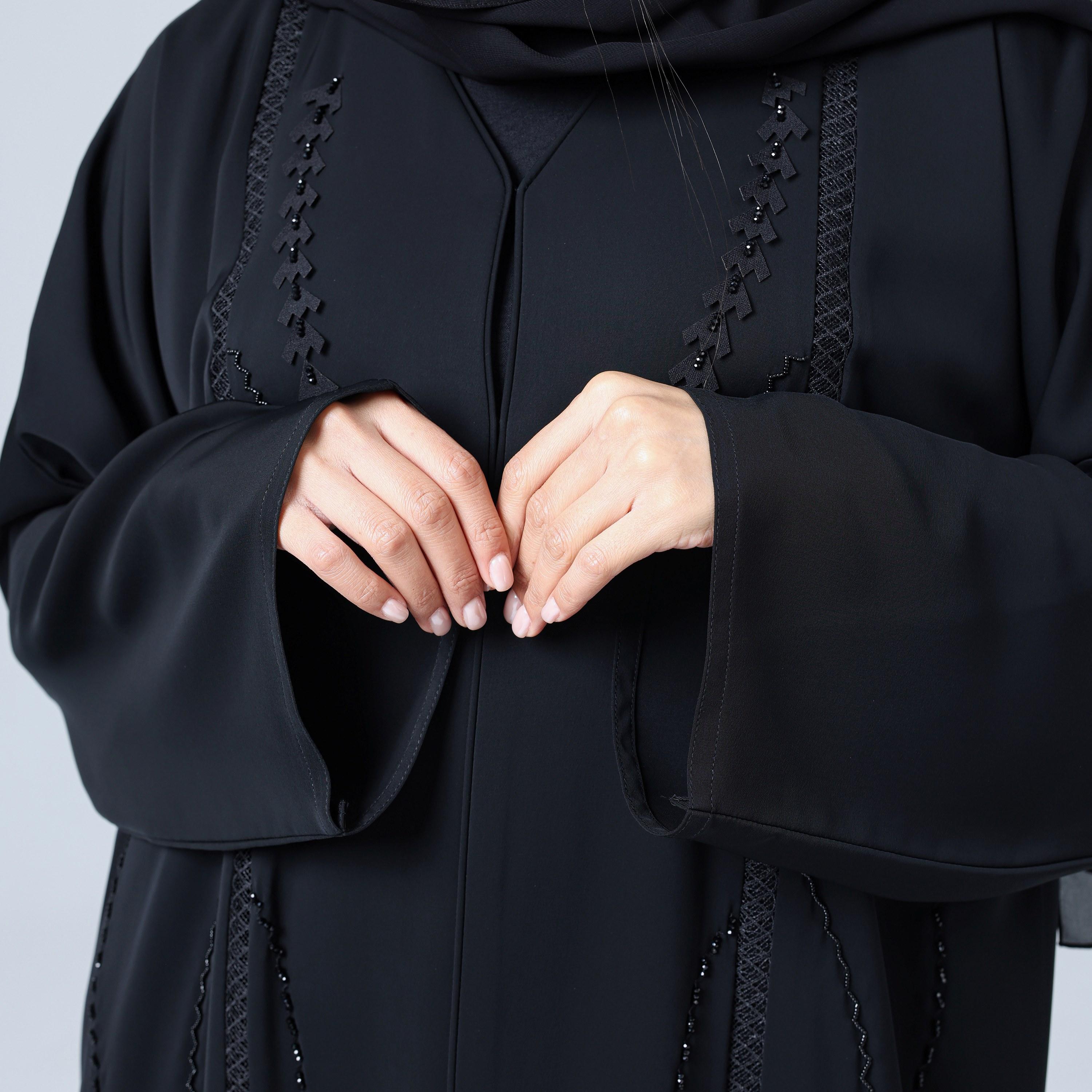 IKKXA Black Decorative Embroidered Wide Sleeves Nida Women's Abaya with Hijab-women-arabicclothing-abayas-image-3