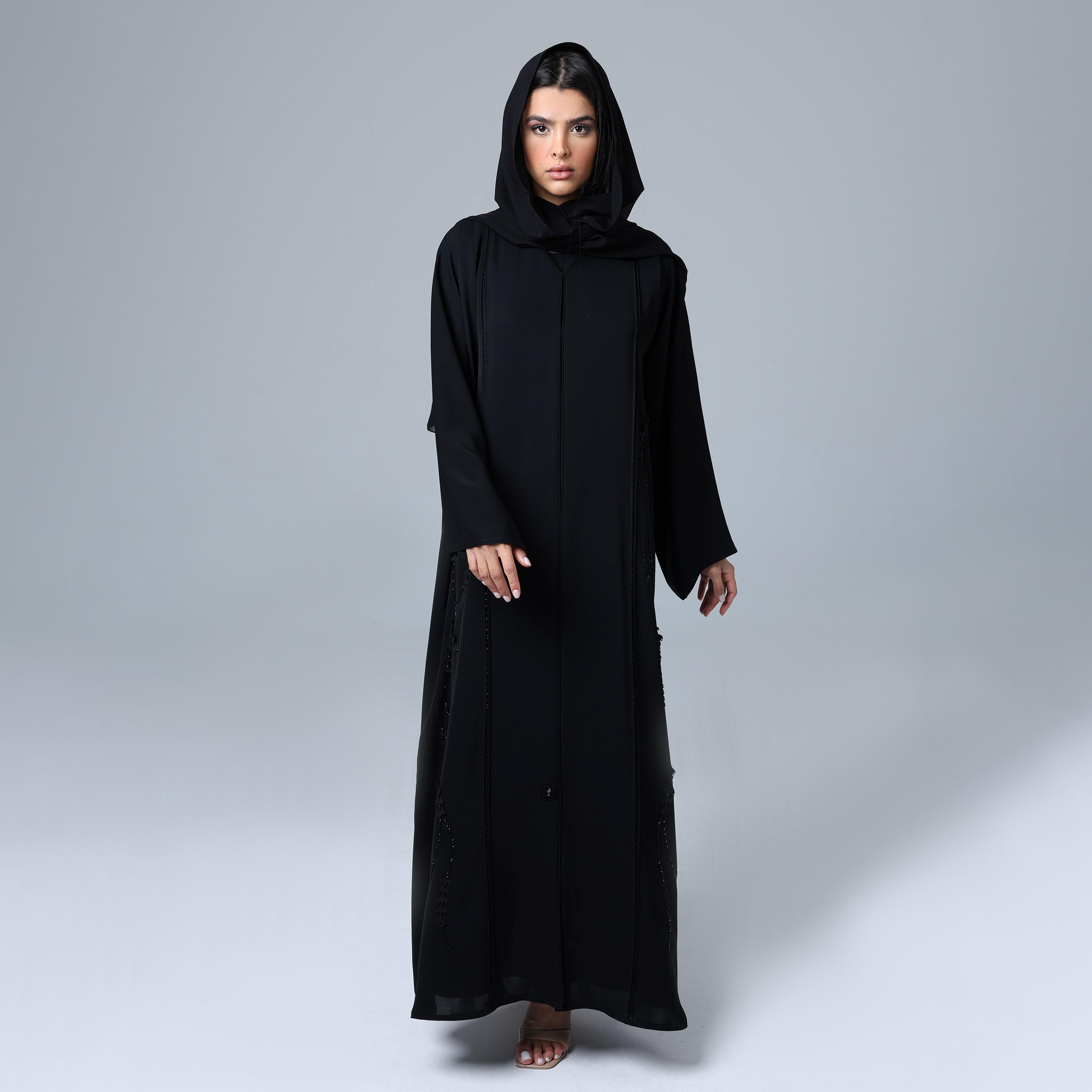 IKKXA Black Beaded Wide Sleeves Nida Women's Abaya with Hijab-women-arabicclothing-abayas-image-1